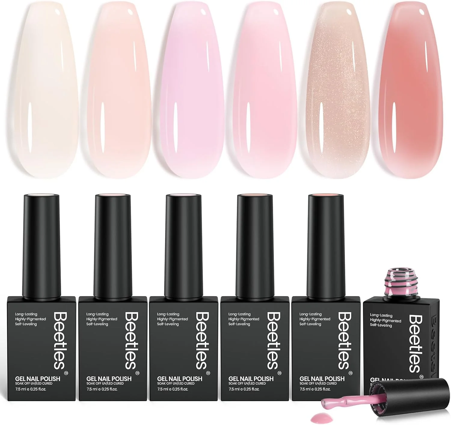 مجموعه لاک ژل ژله ای بیتلز، 6 رنگ، رنگ های خنثی و صورتی، با درخشش طبیعی، نیمه شفاف، لاک ژل یو وی، مجموعه آب میوه هلو، مناسب برای مانیکور فرانسوی، هدیه برای خانم ها