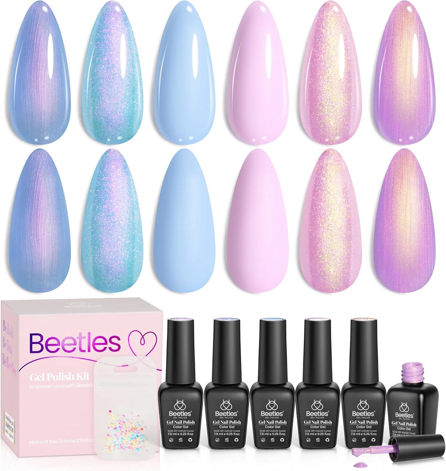 لاک ژل ناخن مرواریدی بیتلز، 6 رنگ آبی براق، صورتی، بنفش، ست پری دریایی، هدیه برای خانم ها