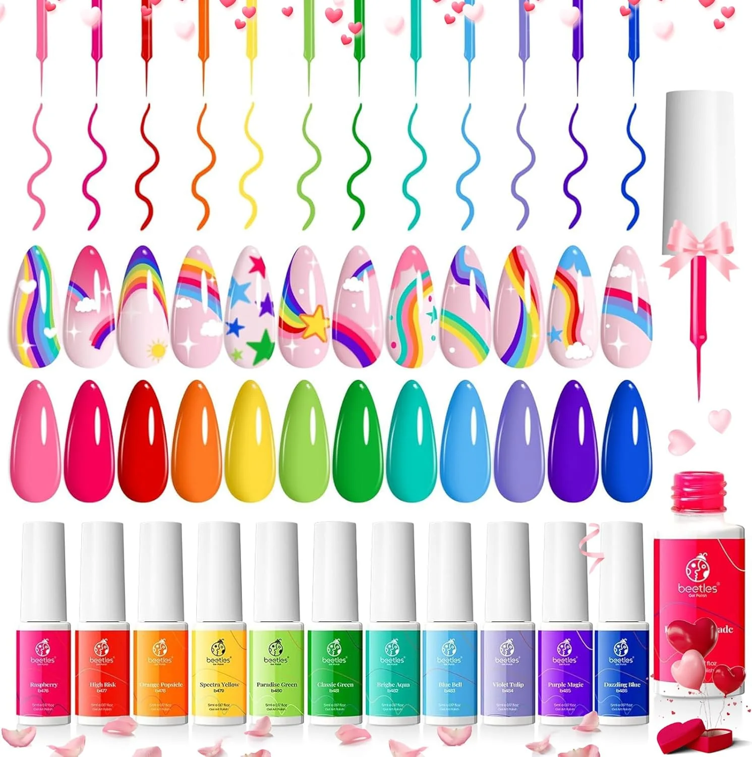 مجموعه ژل طراحی ناخن بیتلز - 12 رنگ رنگین کمانی پاستلی برای طراحی های ترندی، ناخن های گردابی، رنگ های روشن بهاری و تابستانی دخترانه، برس طراحی ناخن نازک داخل بطری، ژل خیساندنی LED