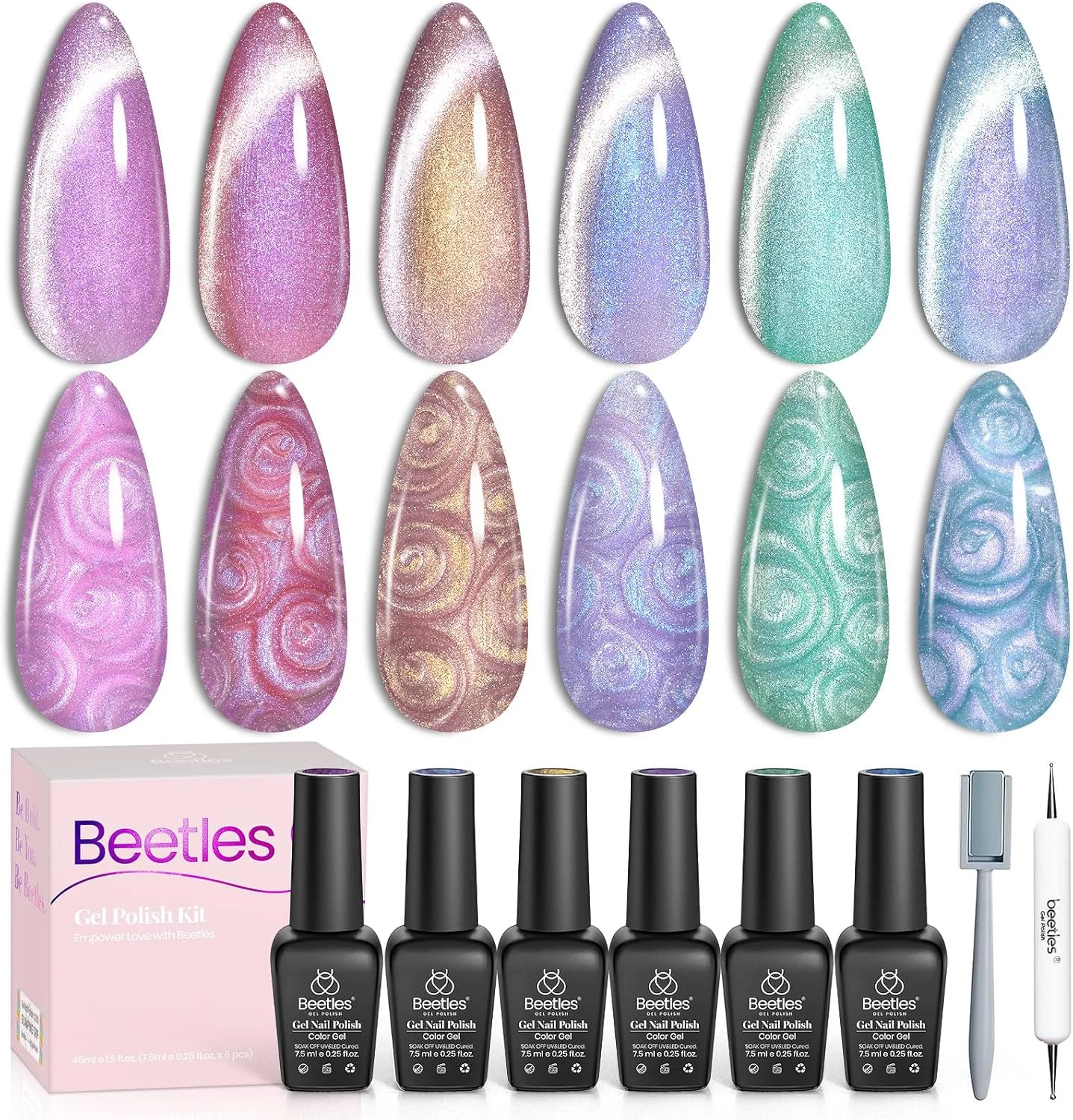 لاک ژل چشم گربه ای بیلز، 6 رنگ لاک ژل چشم گربه ای مرواریدی براق بنفش طلایی آبی LED پاییزی/زمستانی اکلیلی با آهنربا و قلم دو طرفه برای زنان DIY خانگی