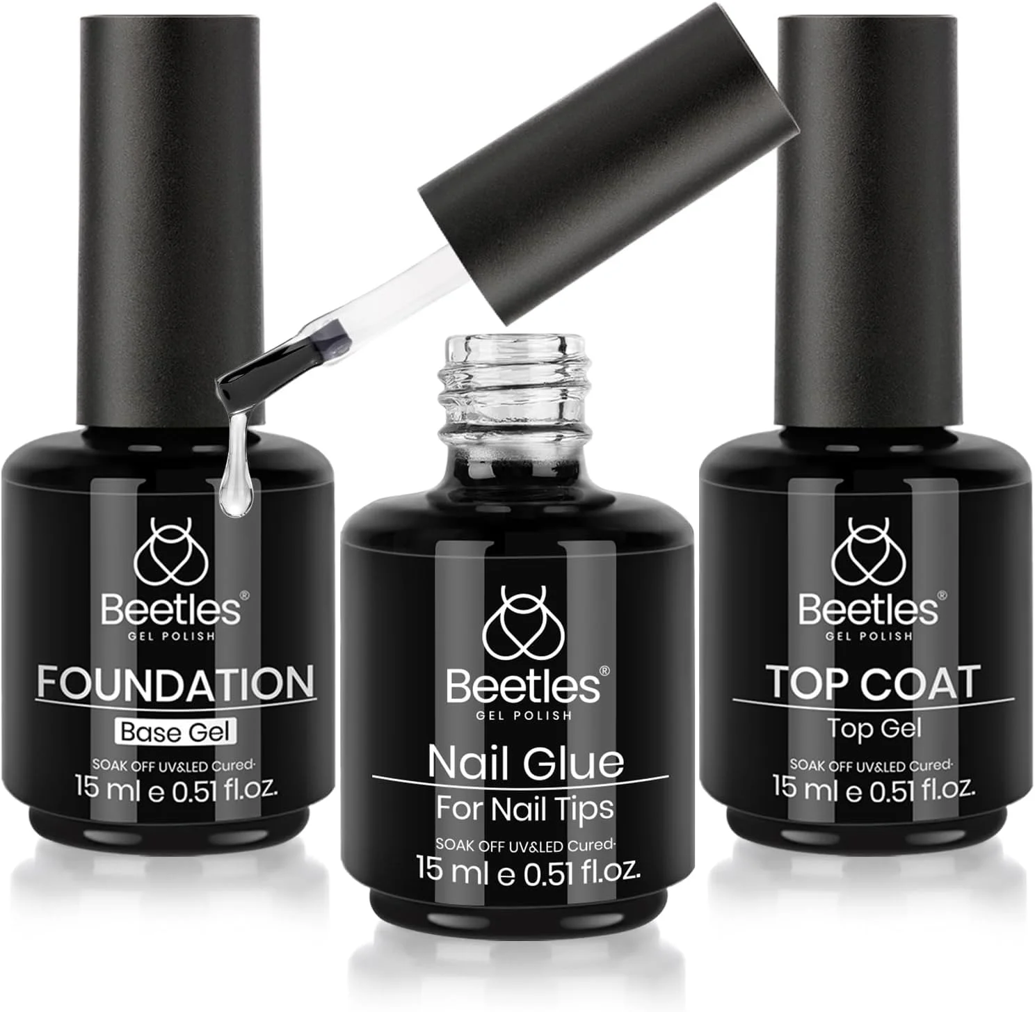 ست ژل لاک پایه و تاپ کت Beetles - شامل ۳ عدد تاپ کت بدون نیاز به تمیز کردن، لاک ژل پایه و چسب ناخن ۵ در ۱، با اثر درخشان، ماندگاری طولانی، قابل برداشتن با خیساندن، مناسب برای استفاده با لامپ UV، هدیه ای مناسب برای بانوان و دختران