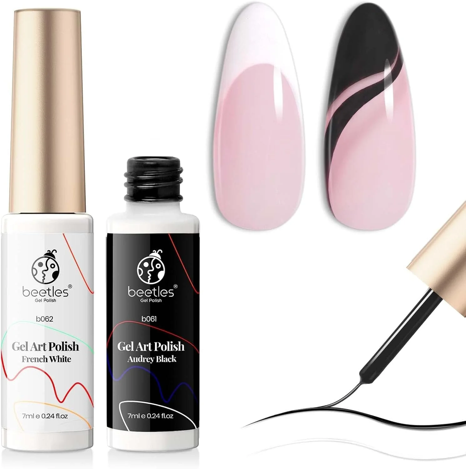 مجموعه لاک ژل طراحی ناخن بیتلز - 2 رنگ محبوب مشکی و سفید، رنگ ژل طراحی برای طراحی های چرخشی ناخن، قلم موی نازک طراحی ناخن، لاک ژل طراحی ناخن، جعبه هدیه