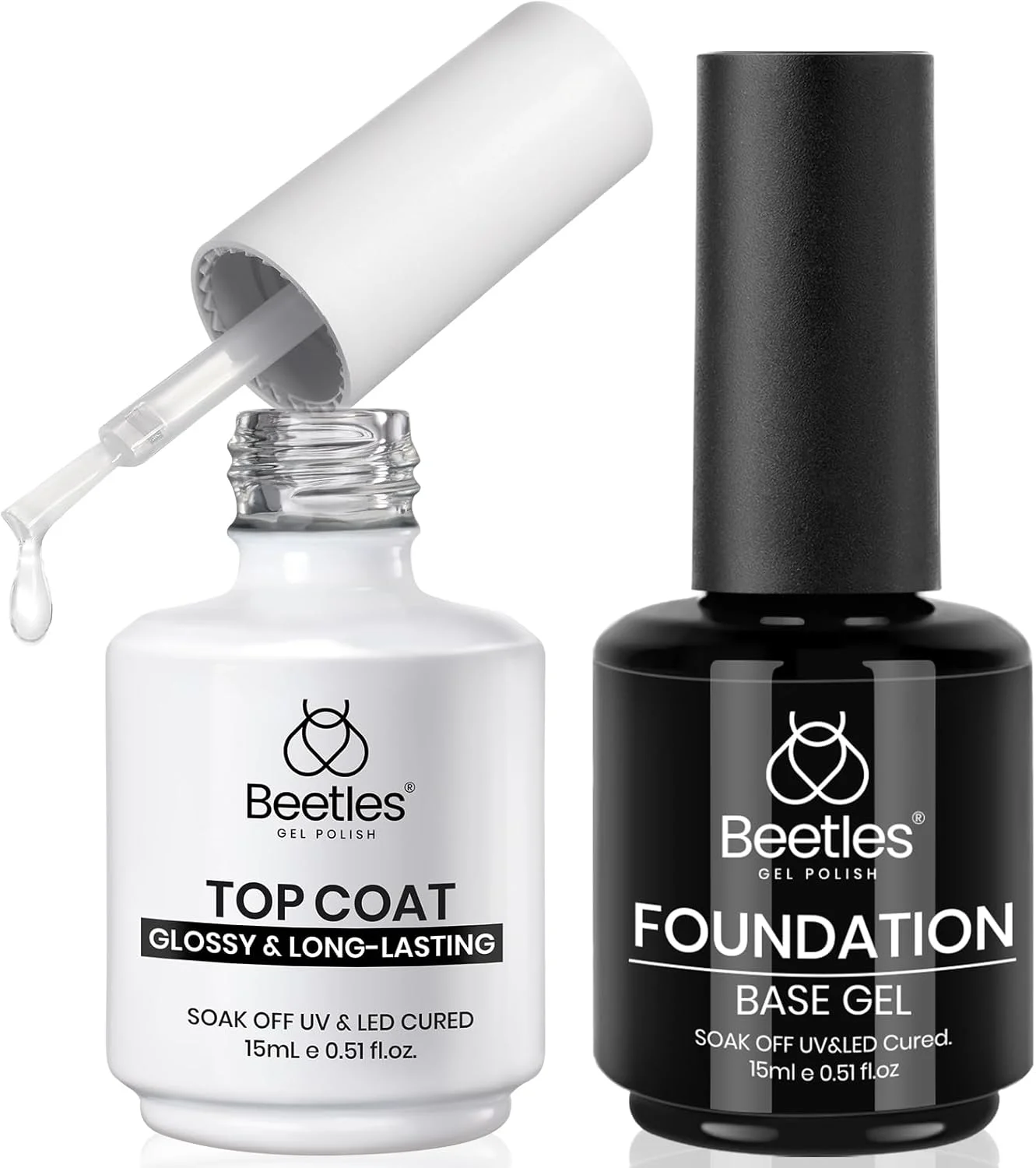 مجموعه لاک ژل بیس و تاپ کت 15 میلی لیتری 2 عددی Beetles - تاپ کت براق کننده فوق العاده بدون نیاز به دستمال برای لاک ژل، نیاز به لامپ UV/LED، لوازم ضروری برای مانیکور بادوام کیت هالووین