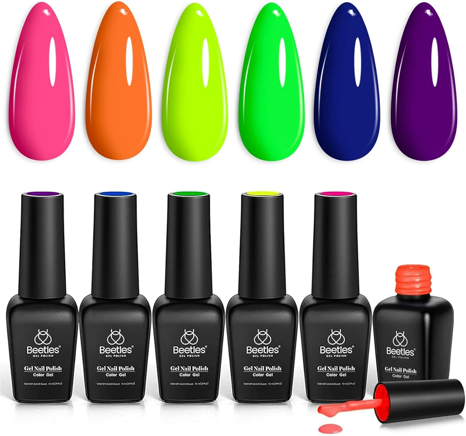مجموعه لاک ژل نئون سوسک ها، نارنجی نئون، صورتی جیغ، آبی، زرد، سبز، بنفش، 6 رنگ لاک ژل یو وی ال ای دی، 7.3 میلی لیتر هر بطری، پاییزی فلورسنت