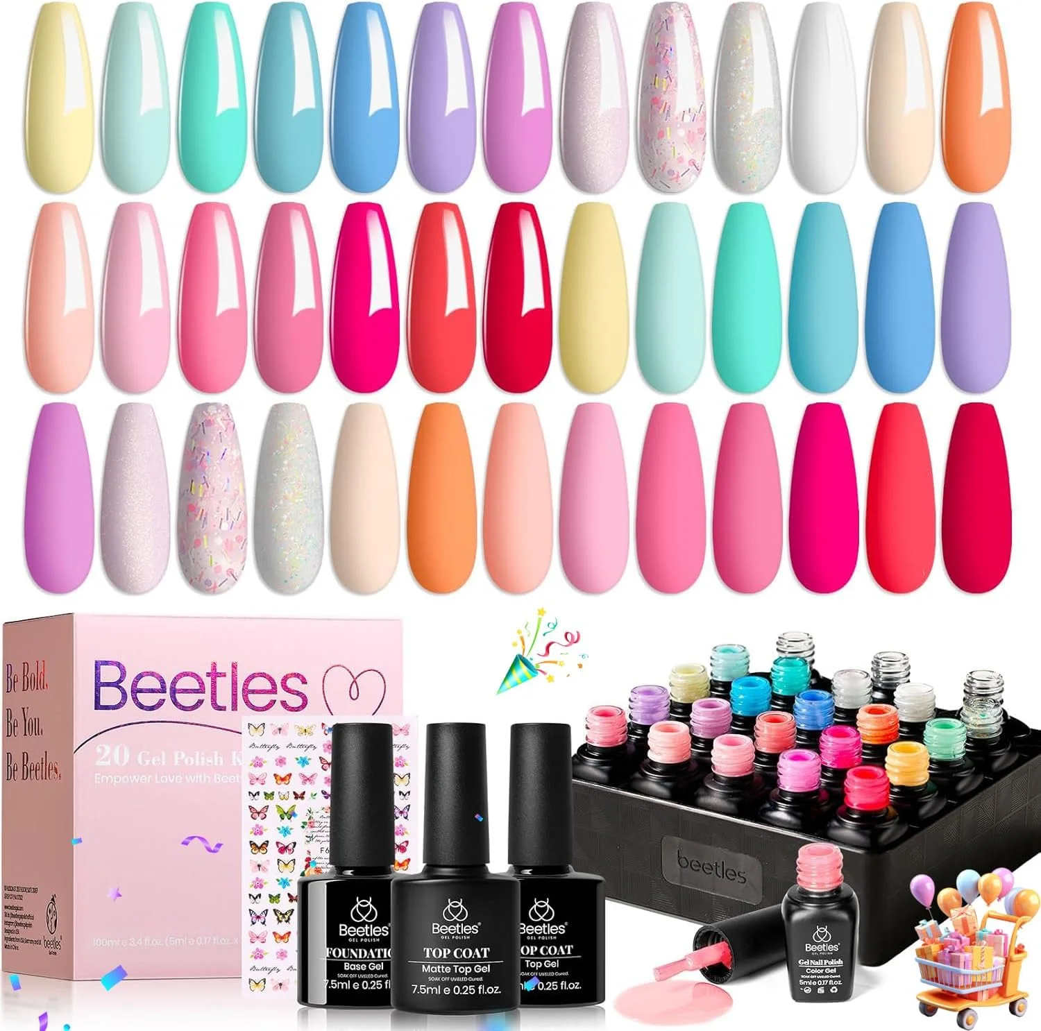 مجموعه لاک ژل 23 عددی Beetles با لاک پایه و روکش، رنگ های پاستلی بهاری روشن نئونی، کیت لاک ژل رنگ های صورتی قرمز سبز بنفش آبی کالباسی، لاک ناخن UV خیس شونده هدیه برای دختران
