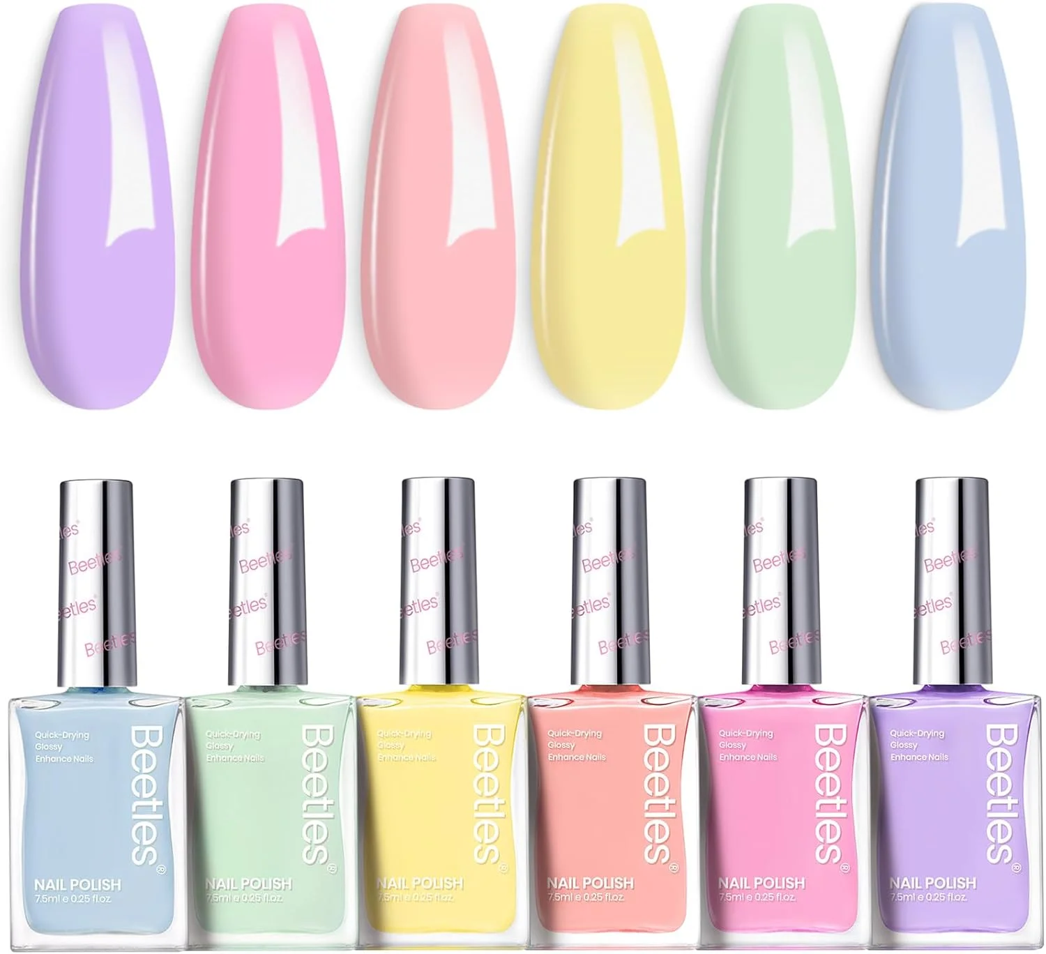 لاک ناخن ژلی بیتلز - مجموعه 6 رنگ پاستلی صورتی آبی زرد بنفش، خشک شدن سریع، مناسب طراحی ناخن در خانه و سالن، هدیه برای بانوان