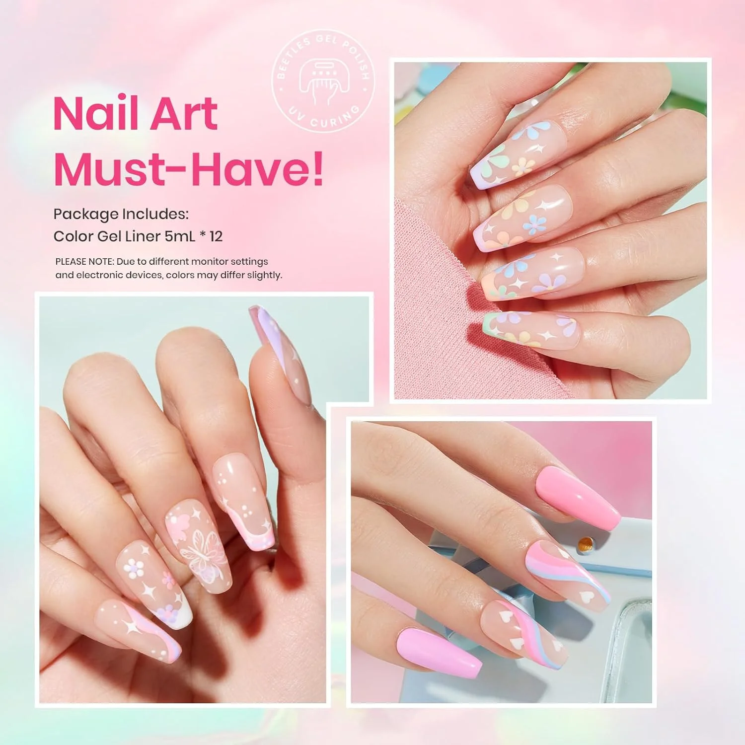 ست لاک ژل خط چشم پاستلی Beetles، 12 رنگ بهاری صورتی ملایم، آبی، بنفش، سفید، زرد، نارنجی، مناسب طراحی ناخن فرانسوی و طرح های گردابی، قابل استفاده با لامپ UV، هدیه ای برای بانوان