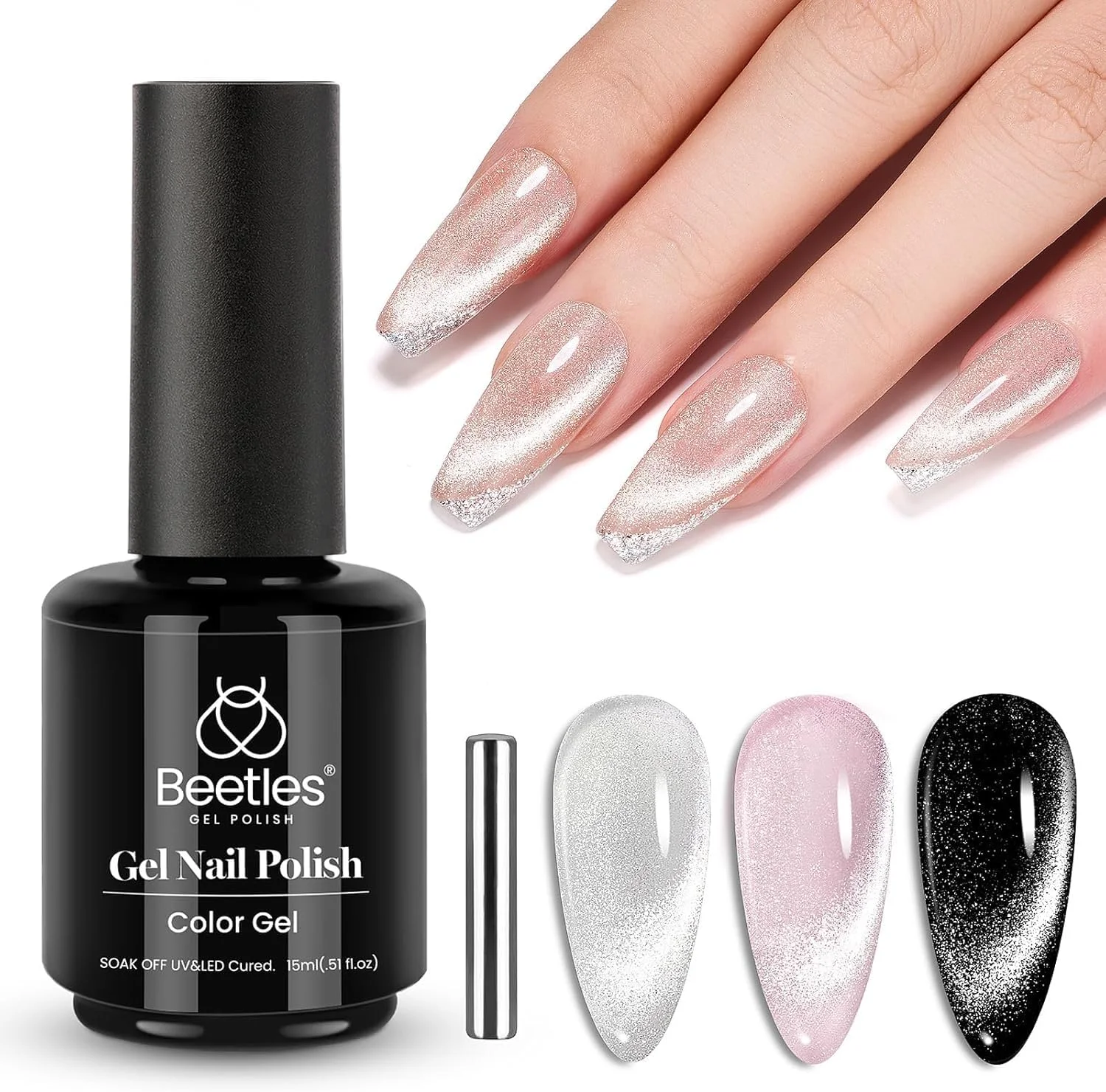 لاک ژل ناخن چشم گربه ای بیتلز - لاک ژل نقره ای اکلیلی 15 میلی لیتری با آهنربا، قابل استفاده با لامپ UV LED، لاک ژل مخملی، مناسب طراحی ناخن در سالن یا منزل، هدیه ای برای بانوان