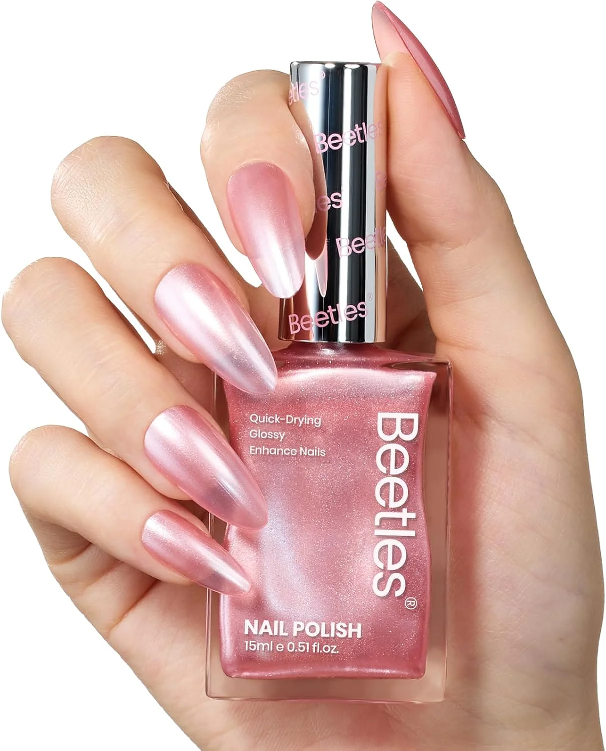 لاک ناخن صورتی Beetles - لاک ناخن خشک‌شونده سریع 15 میلی‌لیتری، رنگ صورتی رویایی، لاک ناخن مرواریدی گل رز، جلوه هنری براق برای کیفیت سالن ناخن