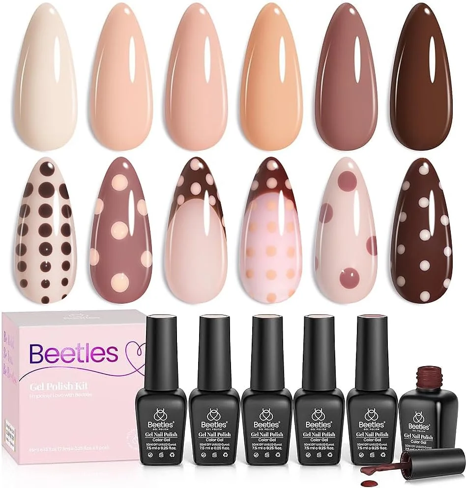 ست لاک ژل ناخن بیتلز، مجموعه 6 رنگ پوست، لاک ژل قهوه ای برهنه، صورتی خنثی، خیساندن، نیاز به لامپ ال ای دی UV، مانیکور DIY هدیه خانگی برای دختران
