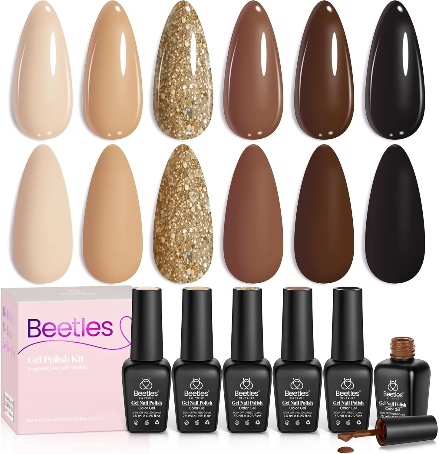 مجموعه لاک ژل ناخن قهوه ای برهنه Beetles، 6 رنگ اکلیلی طلایی قهوه ای برهنه بژ خاکی، مجموعه شاه بلوط برشته شده، هدیه مانیکور هنر ناخن ژلی UV برای زنان