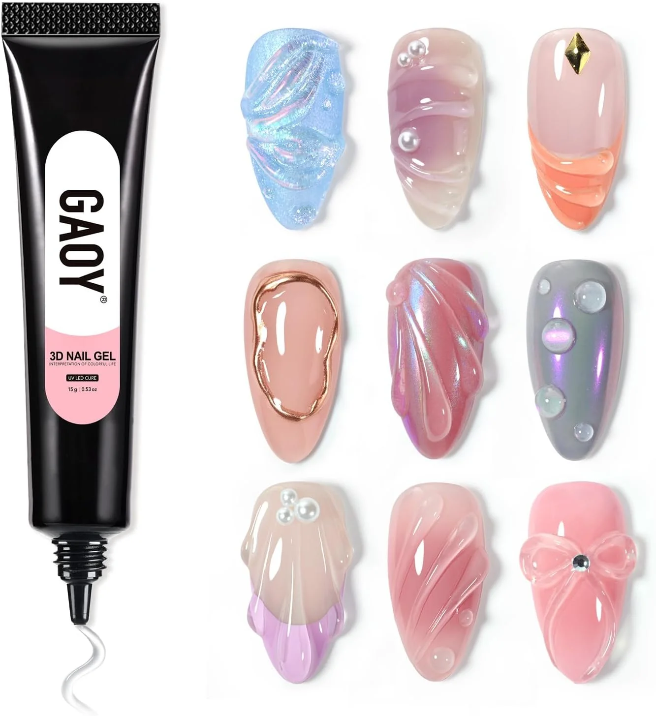 ژل سه بعدی ناخن GAOY، ژل شفاف 15 گرمی برای طراحی، قالب گیری و نقاشی طرح های هنری ناخن، چسب نگین برای تزئین جواهرات