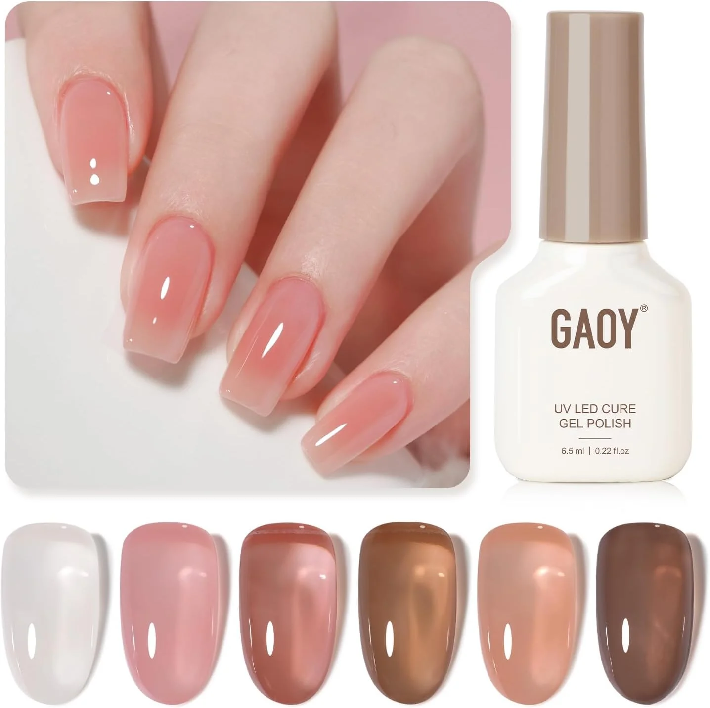 مجموعه لاک ژل قهوه ای ژله ای GAOY، 6 رنگ شفاف سفید صورتی، لاک ژل UV برای استفاده در سالن و طراحی ناخن در خانه