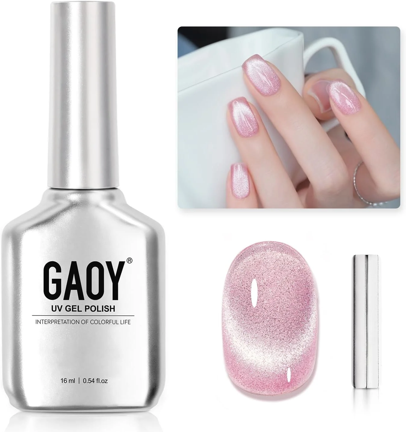 لاک ژل چشم گربه ای GAOY، اکلیلی صورتی هولوگرافیک 16 میلی لیتر به همراه آهنربا، فرابنفش بازتابنده نیمه شفاف، 2219 خیره کننده
