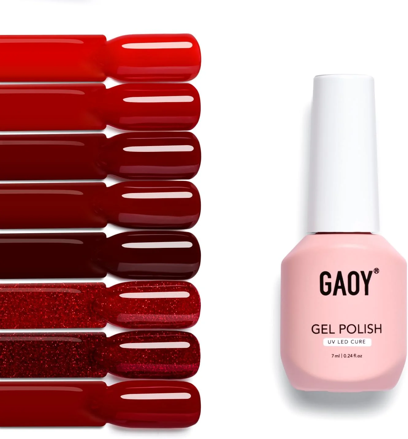 مجموعه لاک ژل قرمز GAOY، شامل ۸ رنگ بورگاندی، اسکارلت، کارمین، قرمز تیره و اکلیلی، مناسب برای استفاده در سالن و طراحی ناخن در خانه