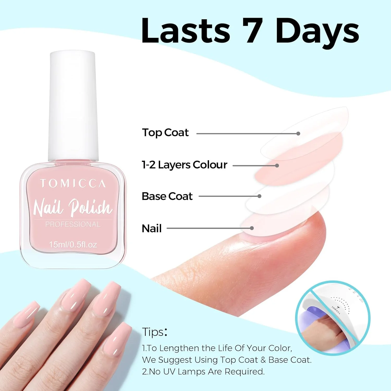 لاک ناخن تومیکا، لاک ناخن صورتی کالباسی با خشک شدن سریع، لاک ناخن صورتی فرانسوی با ماندگاری طولانی و مقاوم در برابر لب پر شدن برای تزئینات مانیکور DIY، 15 میلی لیتر