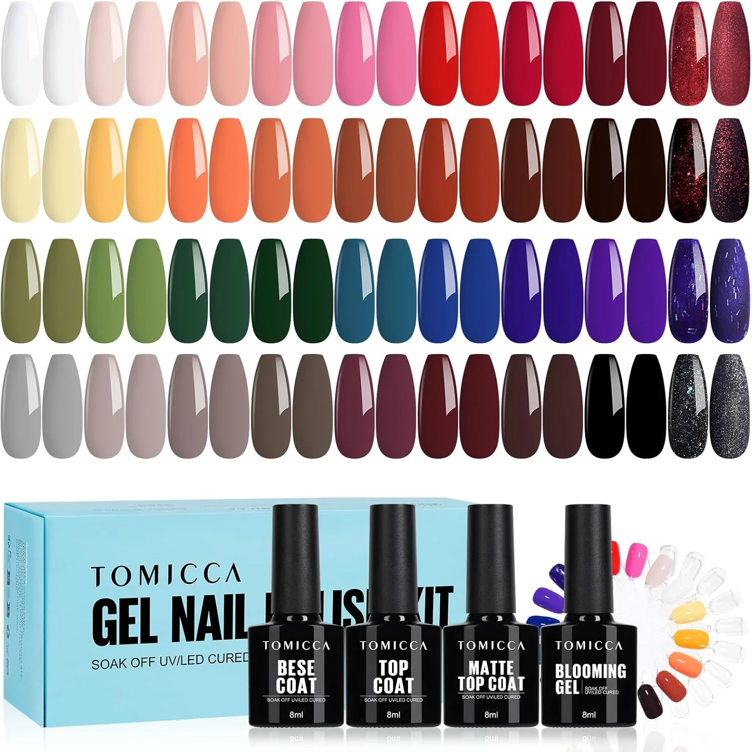مجموعه لاک ژل 40 عددی TOMICCA، 36 لاک ژل قرمز تیره و چند رنگ، مجموعه 4 عددی لاک پایه و روکش با ژل بلومینگ و نوک ناخن برای استودیوهای ناخن و کیت مانیکور خانگی DIY