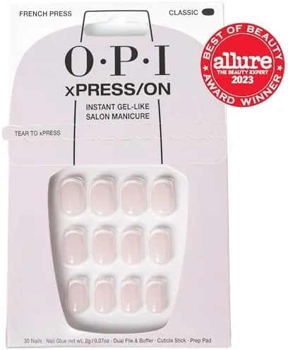 ناخن مصنوعی چسبی OPI xPRESS/ON، تا 14 روز ماندگاری، مانیکور سالنی با ظاهر ژلی، وگان، بسته بندی پایدار، به همراه چسب ناخن، رنگ های کوتاه و بلند نمادین، لاک ناخن فرنچ پرس