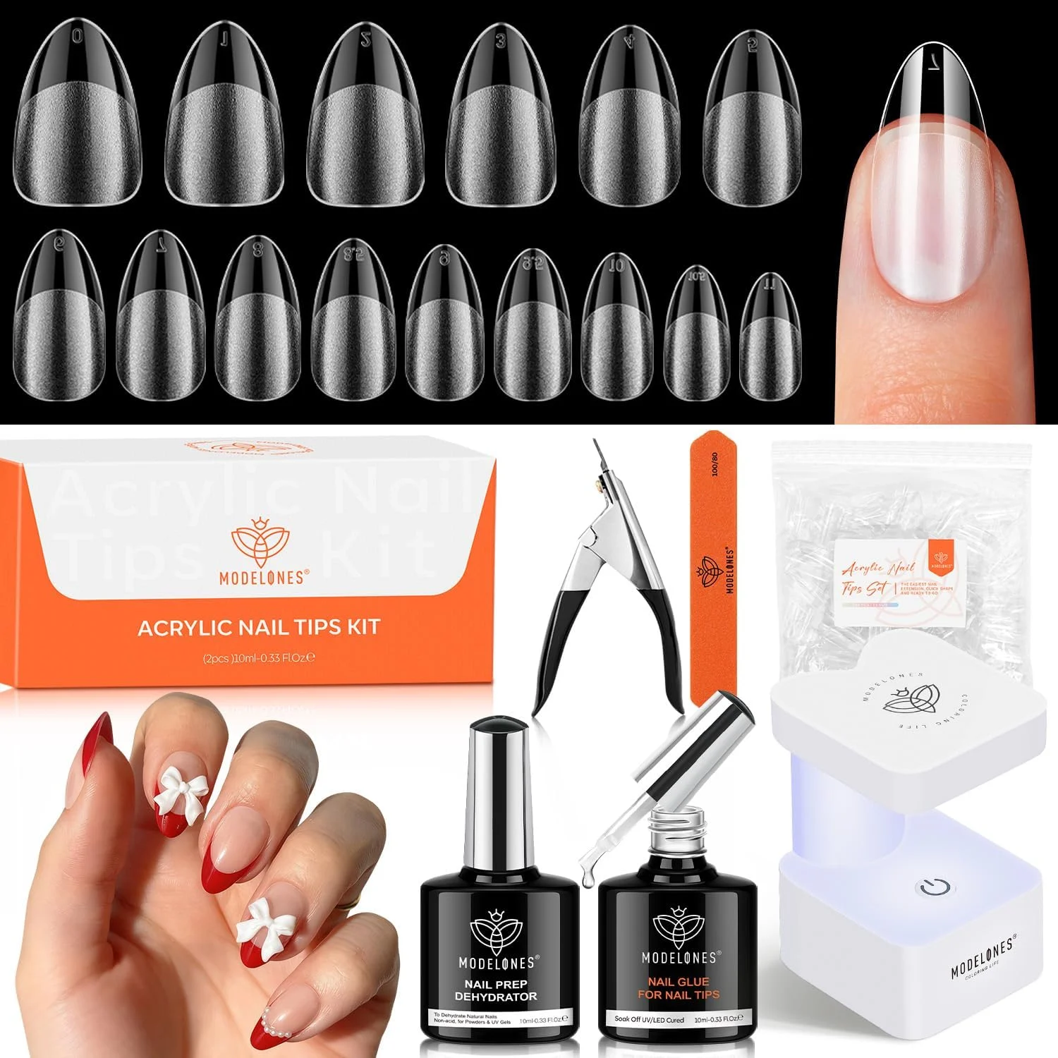 ست ناخن ژلی مدلونز، 15 سایز تیپ ناخن ژلی از پیش قالب‌گیری شده، فرم بادامی کوتاه، چسب 9 در 1، دهیدراتور و کیت اکستنشن لامپ ال ای دی قابل حمل، 510 عدد از پیش آماده