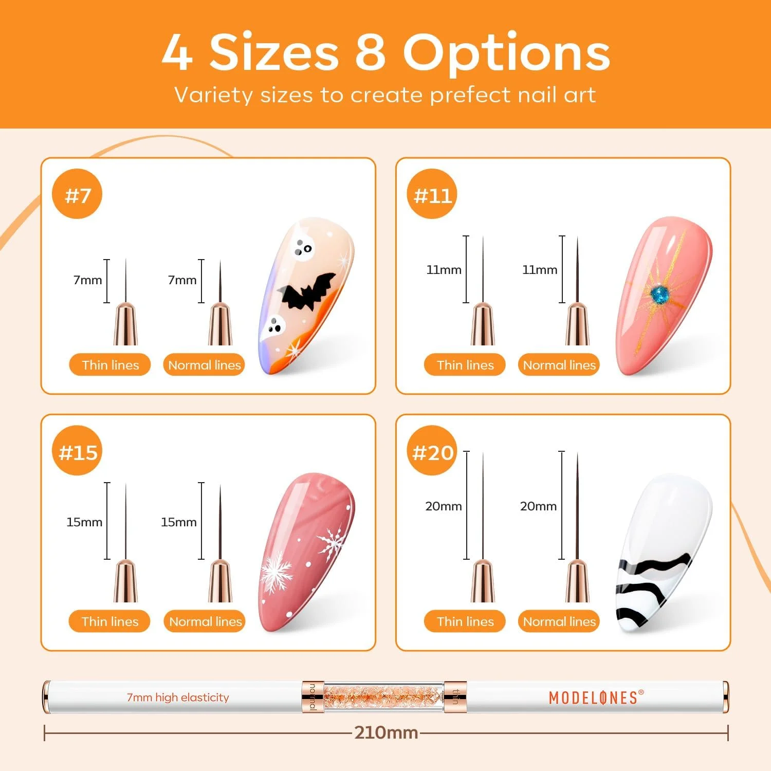 modelones - ست قلم موی طراحی ناخن، قلم موی نوک بسیار ظریف، سایزهای 7/11/15/20 میلی متر برای طراحی لاک ژل