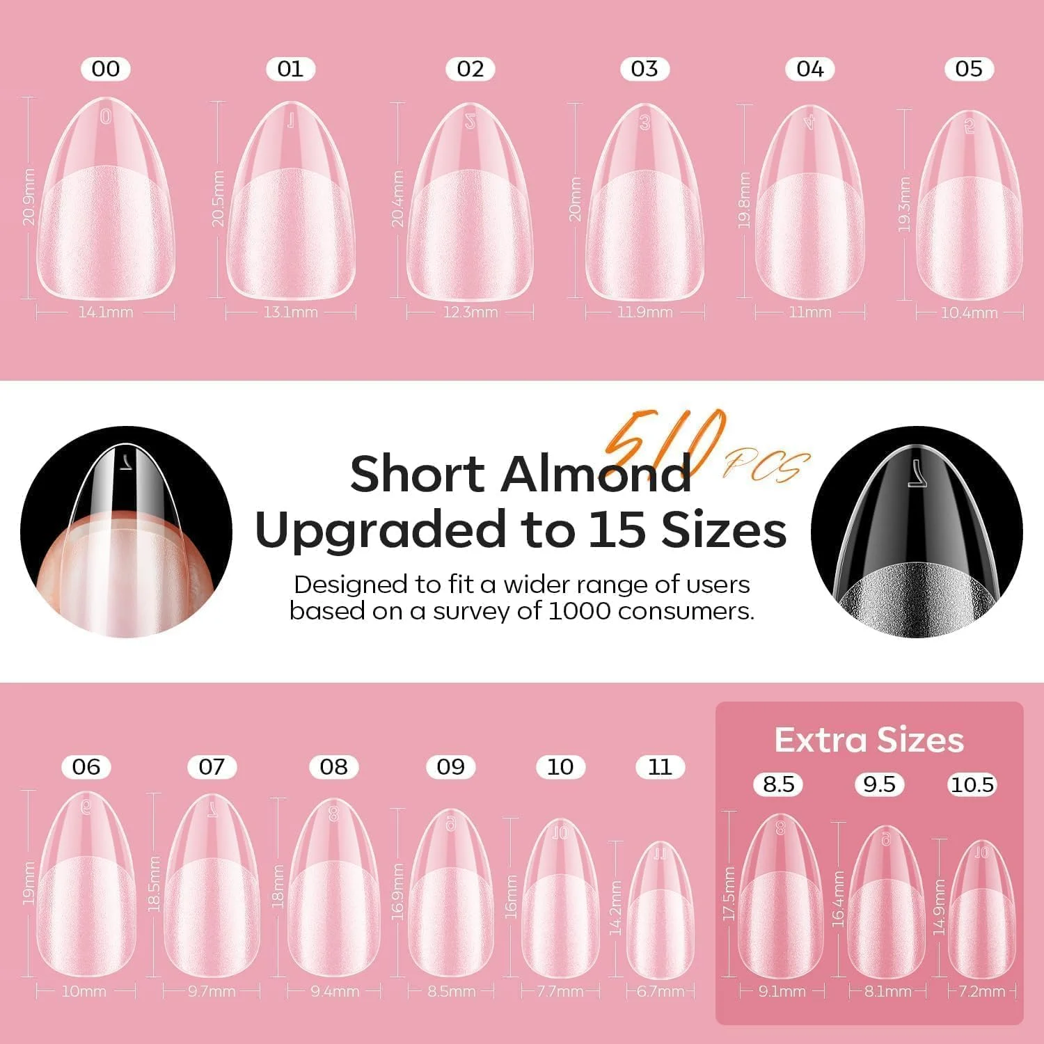 ست ناخن ژلی مدلونز، 15 سایز تیپ ناخن ژلی از پیش قالب‌گیری شده، فرم بادامی کوتاه، چسب 9 در 1، دهیدراتور و کیت اکستنشن لامپ ال ای دی قابل حمل، 510 عدد از پیش آماده