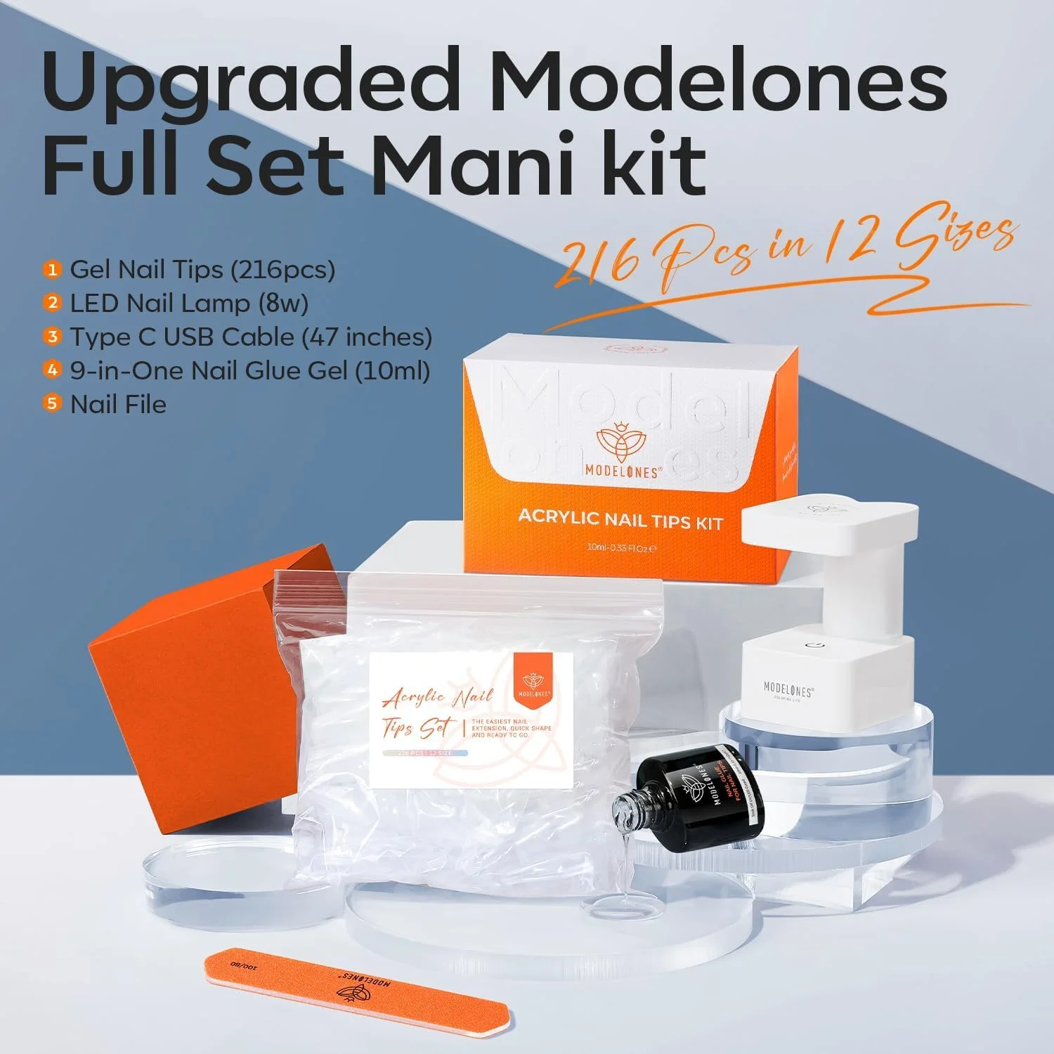 ست ناخن ژلی Modelones، تیپ ناخن بادامی متوسط، چسب ناخن 9 در 1 و لامپ ناخن قابل حمل U V، 216 عدد در 12 سایز، تیپ ناخن مصنوعی اکریلیک برای طراحی و کاشت ناخن در خانه