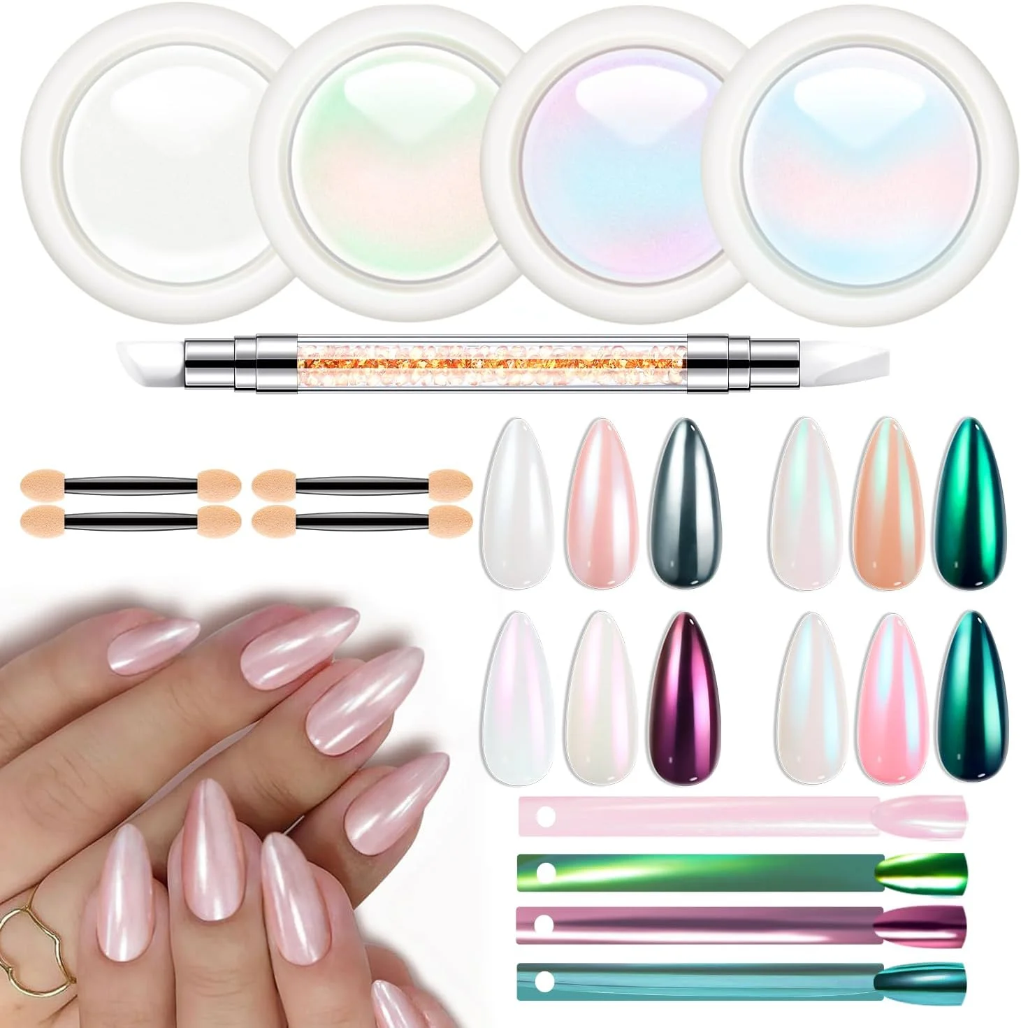 پودر کروم ناخن مدلونز، 4 رنگ پودر جادویی سفید صدفی کروم با ابزار، کیت پودر کروم آینه ای، لوازم تزئین ناخن متالیک Aurora، کیت پودر رنگین کمانی