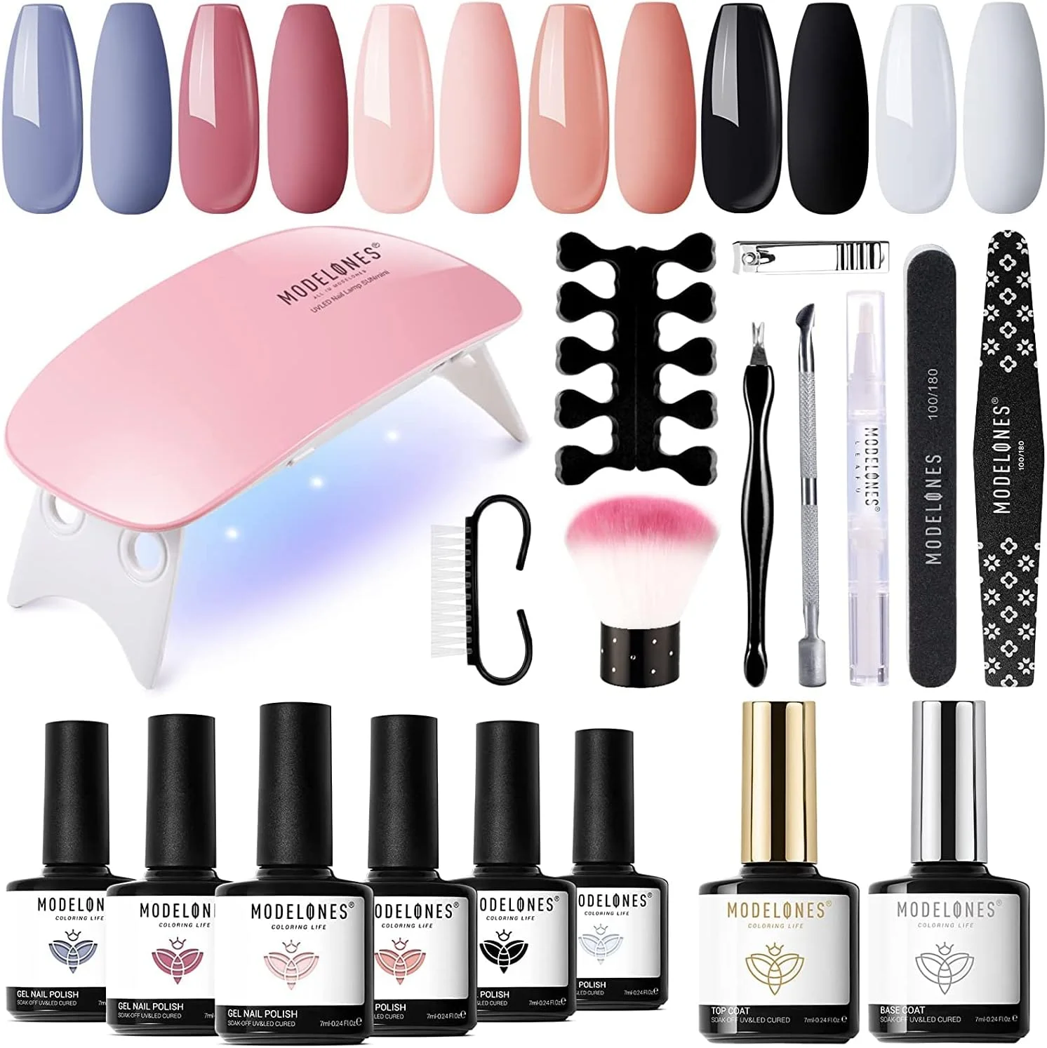 ست لاک ژل مدلونز با دستگاه UV - شامل لاک پایه، لاک رویه، دستگاه خشک کن ناخن 6 وات، ست قابل حمل و 6 رنگ کلاسیک