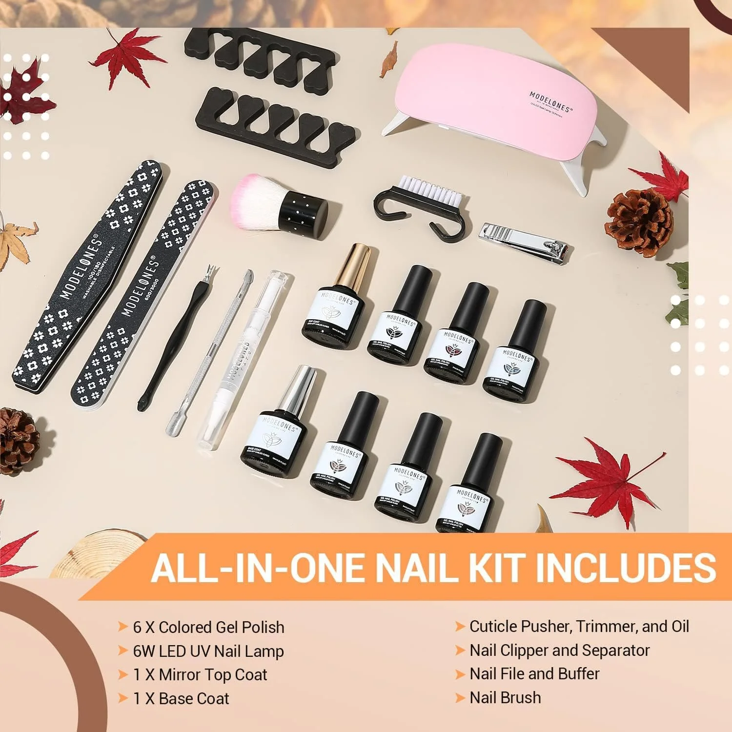 ست لاک ژل مدلونز با دستگاه UV - شامل لاک پایه، لاک رویه، دستگاه خشک کن ناخن 6 وات، ست قابل حمل و 6 رنگ کلاسیک