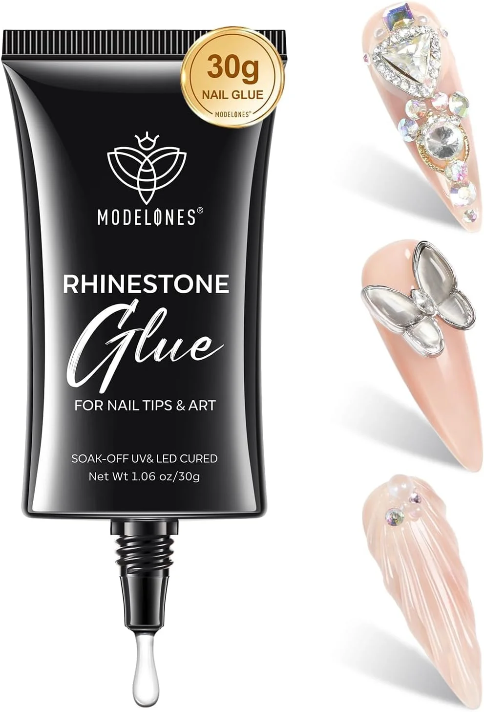 چسب نگین ناخن Modelones، فوق العاده قوی برای نگین ها و تزئینات ناخن، بدون نیاز به تمیز کردن، مناسب برای سنگ های تزئینی، جواهرات، الماس، کریستال، مهره و گل، 30 میلی لیتر