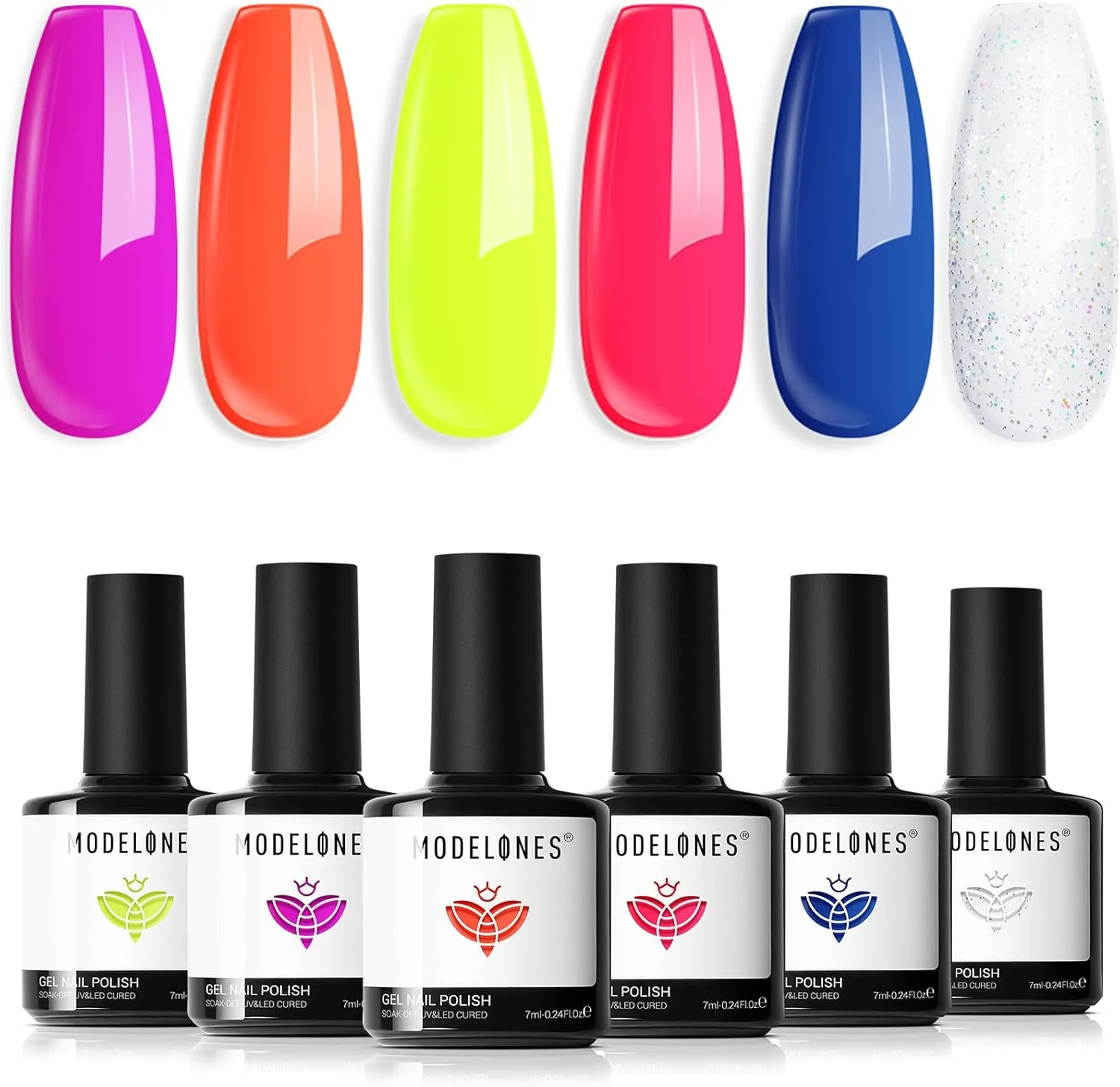 ست لاک ژل نئونی مدلونز، 6 رنگ صورتی، آبی، سبز، بنفش، زرد، نارنجی، لاک ژل اکلیلی، قابل برداشتن با خیساندن، مناسب بهار و تابستان، طراحی ناخن