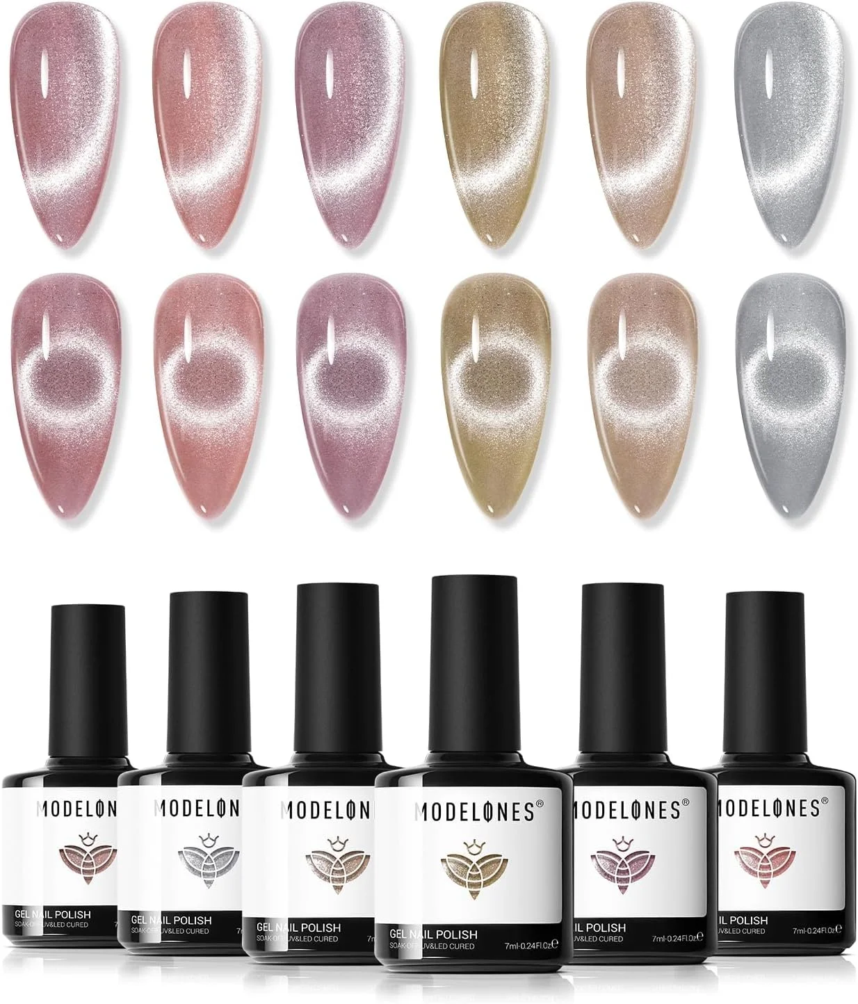 ست لاک ژل چشم گربه ای مدلونز، 6 رنگ لاک ژل اکلیلی چشم گربه ای هولوگرافیک 9D نیمه شفاف صورتی کالباسی خاکستری قهوه ای با آهنربا، ژل طراحی ناخن خیساندنی هدیه سالن DIY