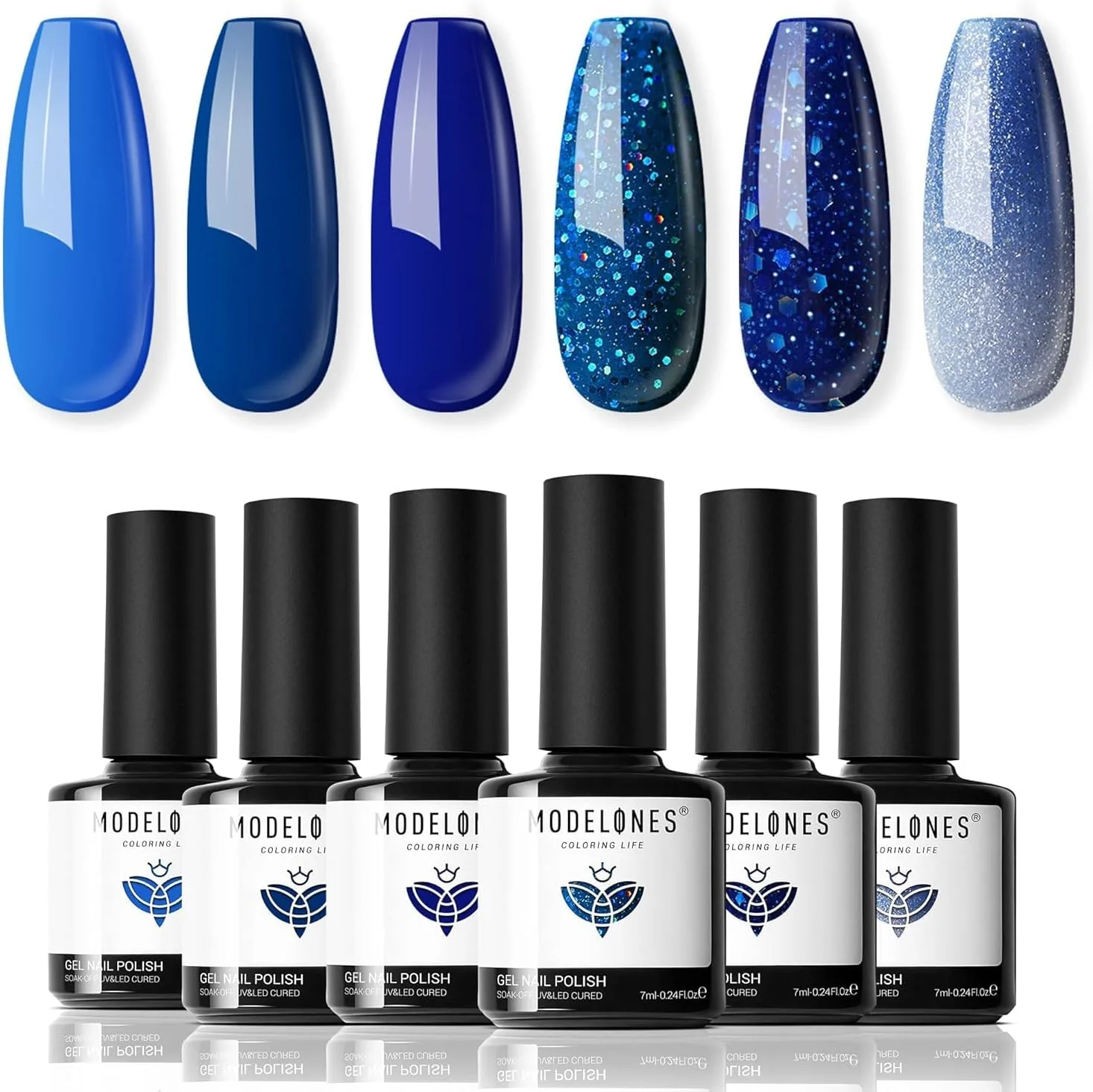 ست لاک ژل آبی مدلونز، 6 رنگ آبی تغییر رنگ دهنده، لاک ژل اکلیلی آبی تیره، کیت لاک ژل خیساندنی آبی سرمه ای، طراحی ناخن کلاسیک ال ای دی، هدیه تعطیلات مانیکور برای زنان و دختران، سالن خانگی DIY