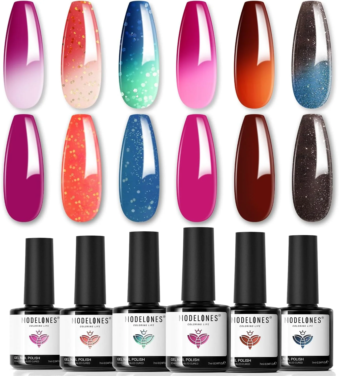 ست لاک ژل حرارتی تغییر رنگ مدلونز، 6 رنگ، صورتی براق، تغییر رنگ با دما، آبی، سبز، نارنجی، طراحی ناخن، مناسب مانیکور و هدیه