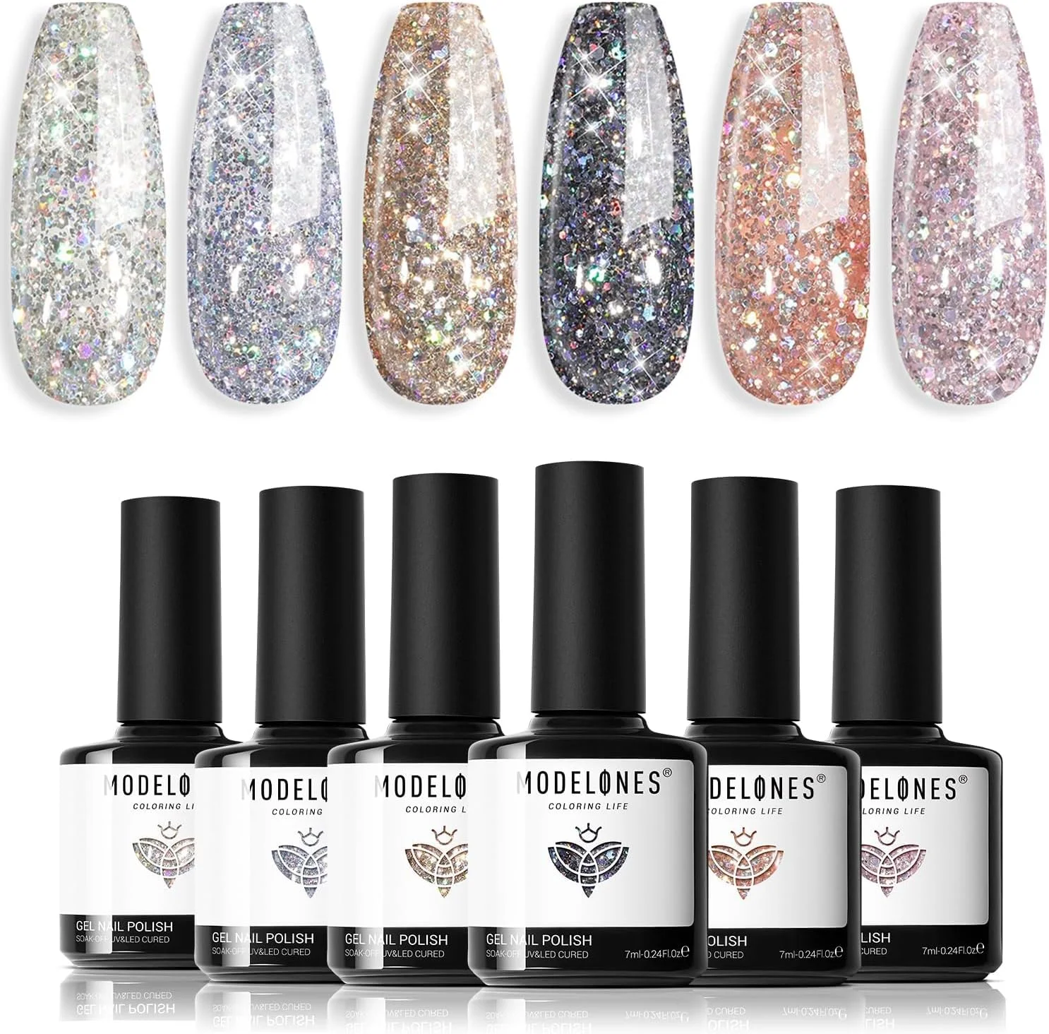 لاک ژل اکلیلی مدلونز - ست لاک ژل ۶ رنگ نقره ای طلایی صورتی اکلیلی، مناسب طراحی ناخن در خانه و سالن، هدیه ای برای بانوان