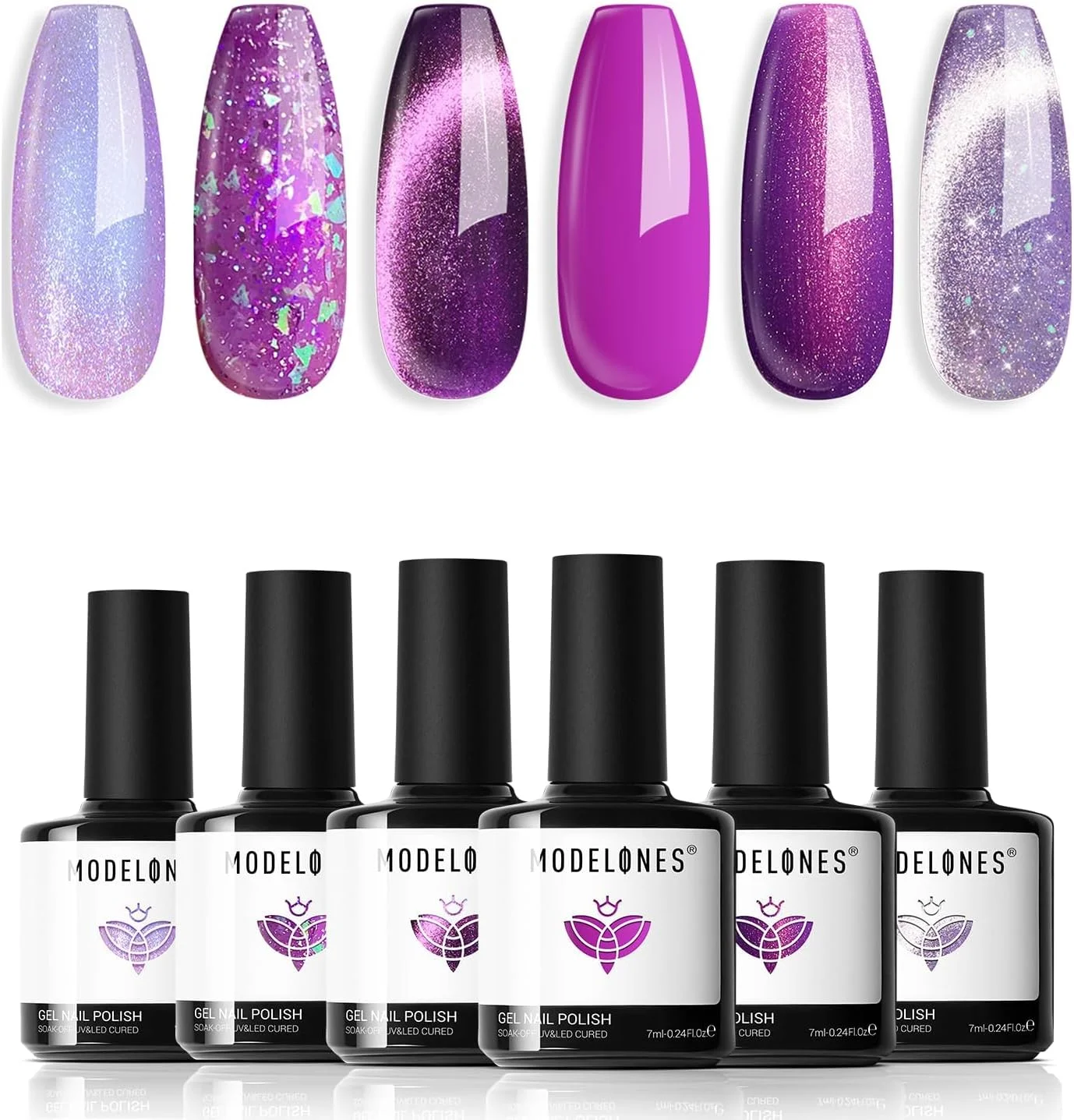 ست لاک ژل مدلونز، 6 رنگ بنفش نقره ای چشم گربه ای، لاک ژل اکلیلی بنفش آفتاب پرست، سایه نقره ای درخشان، لاک مغناطیسی، لاک ژل LED، هنر ناخن DIY، هدیه سالن برای زنان و دختران