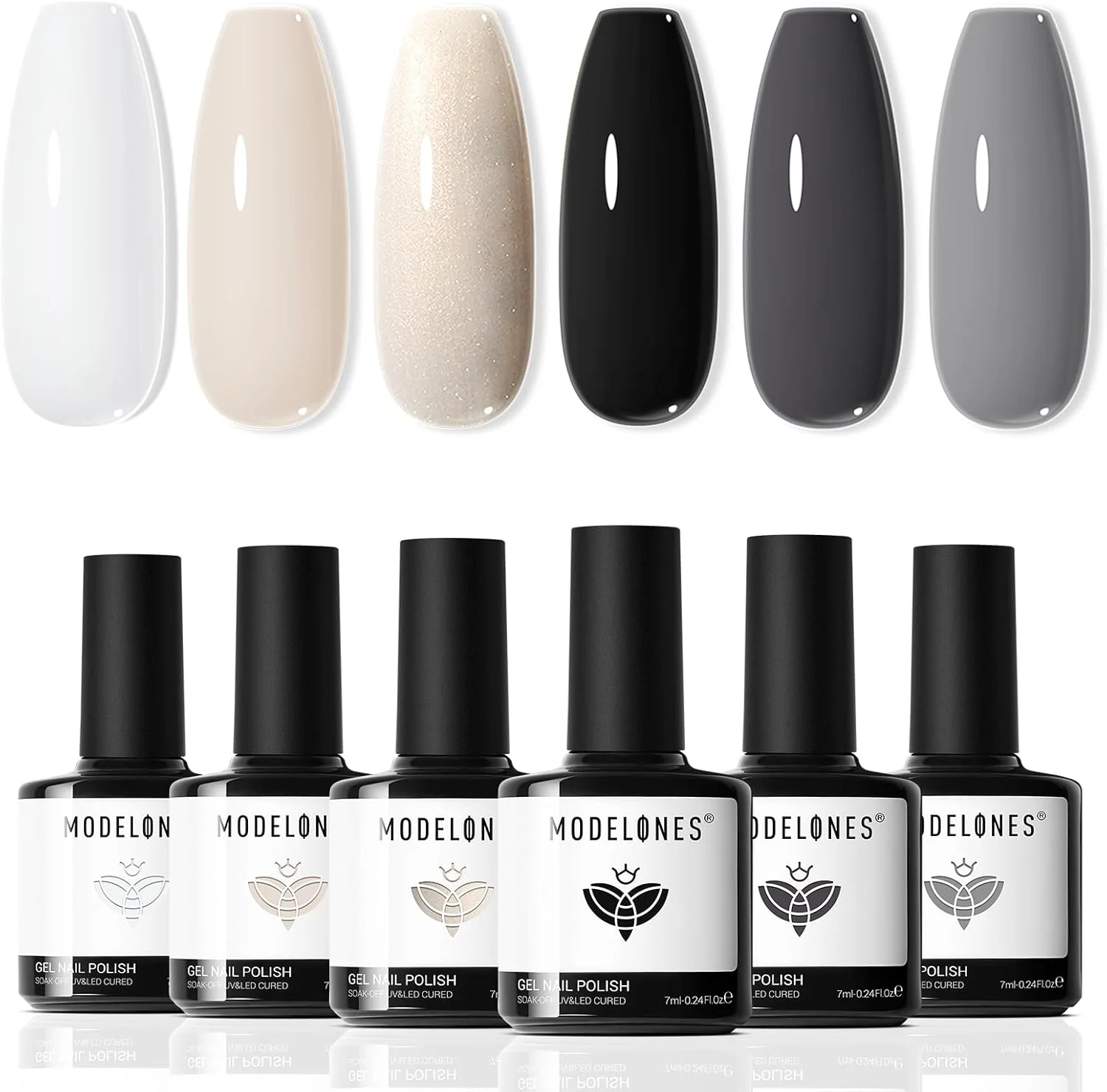 ست لاک ژل سفید و مشکی مدلونز - 6 رنگ مشکی، شیری، سفید، خنثی، نود، طوسی و اکلیلی، مناسب طراحی ناخن در خانه و سالن