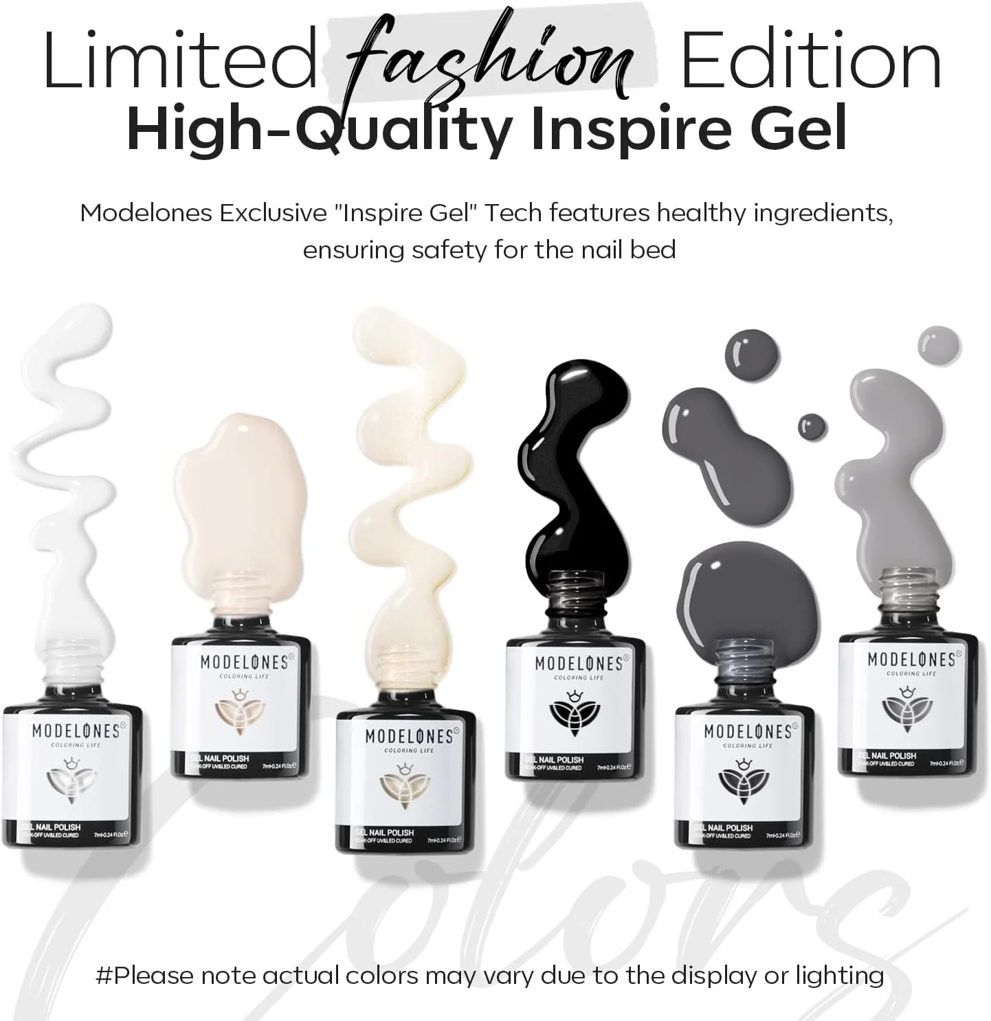 ست لاک ژل سفید و مشکی مدلونز - 6 رنگ مشکی، شیری، سفید، خنثی، نود، طوسی و اکلیلی، مناسب طراحی ناخن در خانه و سالن