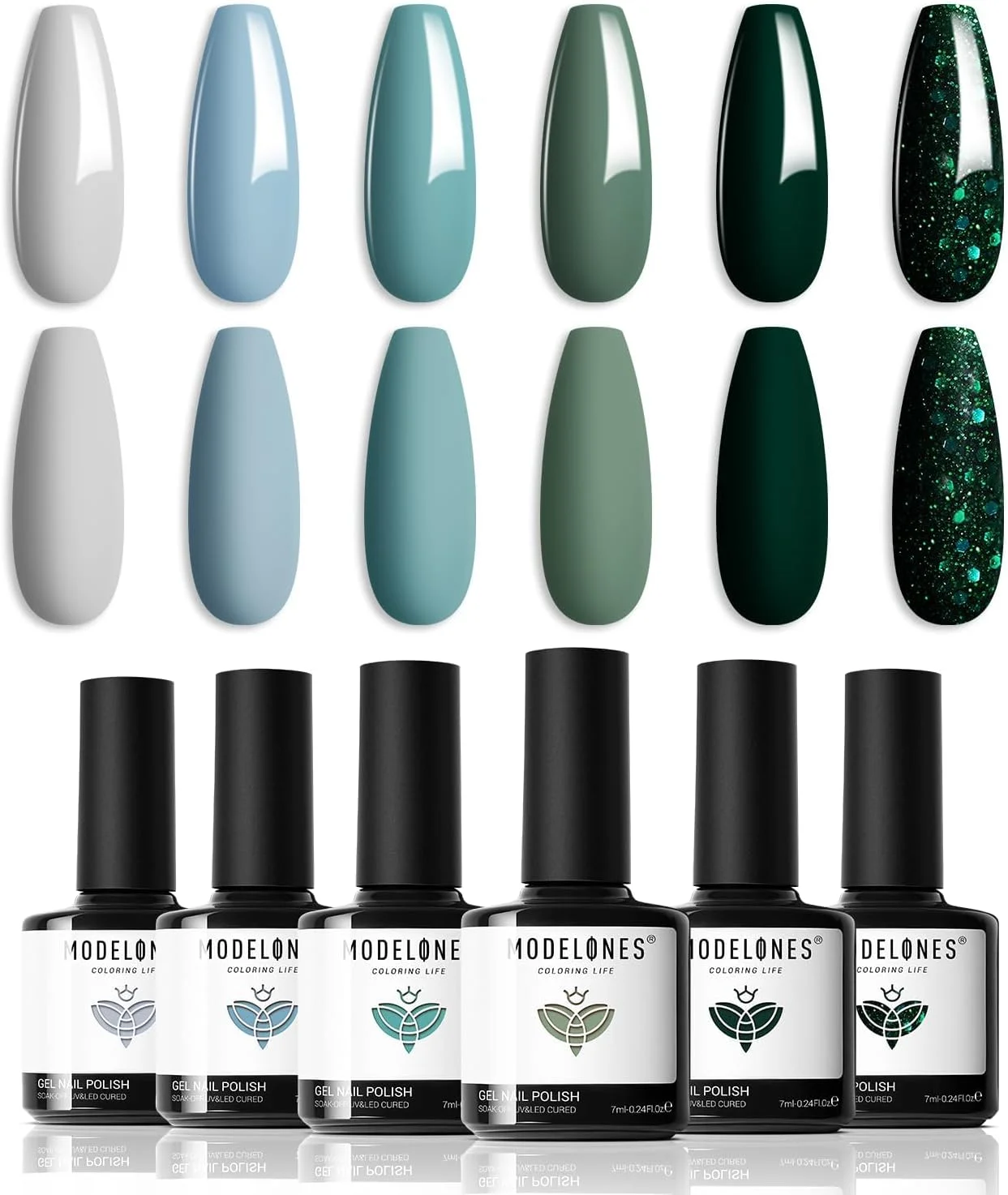 ست لاک ژل Modelones - 6 رنگ خاکستری مه آلود، سبز تیره، اکلیلی، سبز مریم گلی، آبی آسمانی، مناسب طراحی ناخن در خانه