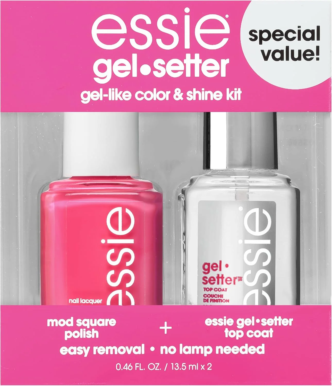 ست رنگ و درخشش طولانی مدت Essie Gel Setter، Mod Square، لاک ناخن صورتی سرخابی + پوشش رویی، هدیه برای زنان و مردان، 13.5 میلی لیتر