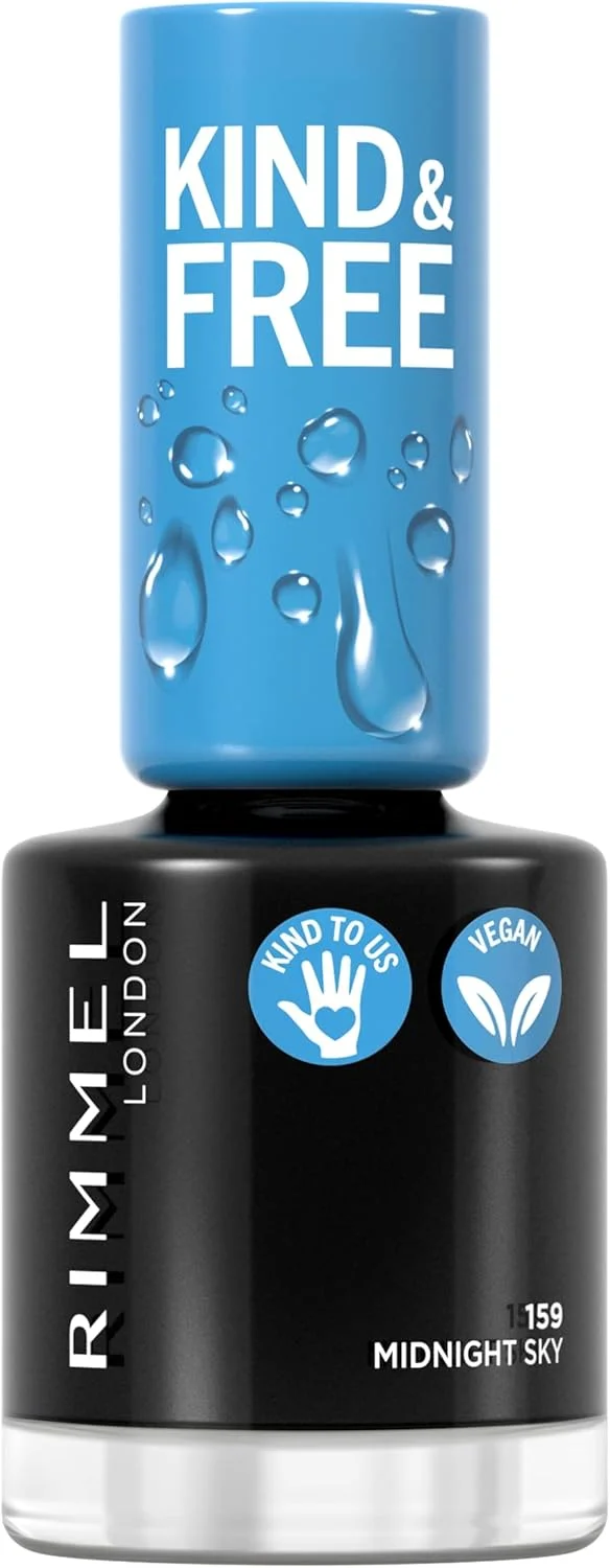 لاک ناخن پاک و ملایم Rimmel KIND & FREE - پوشش نهایی تنفسی با فرمول گیاهی، بدون تست حیوانی، وگان، 8 میلی لیتر، رنگ 159 آسمان نیمه شب