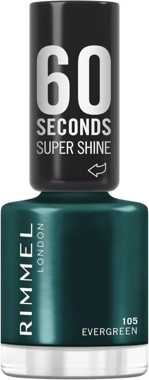 لاک ناخن سوپر شاین 60 ثانیه ای ریمل، 105 Evergreen، لاک ناخن خشک شونده سریع، رنگ پر جنب و جوش، ماندگاری طولانی، 8 میلی لیتر
