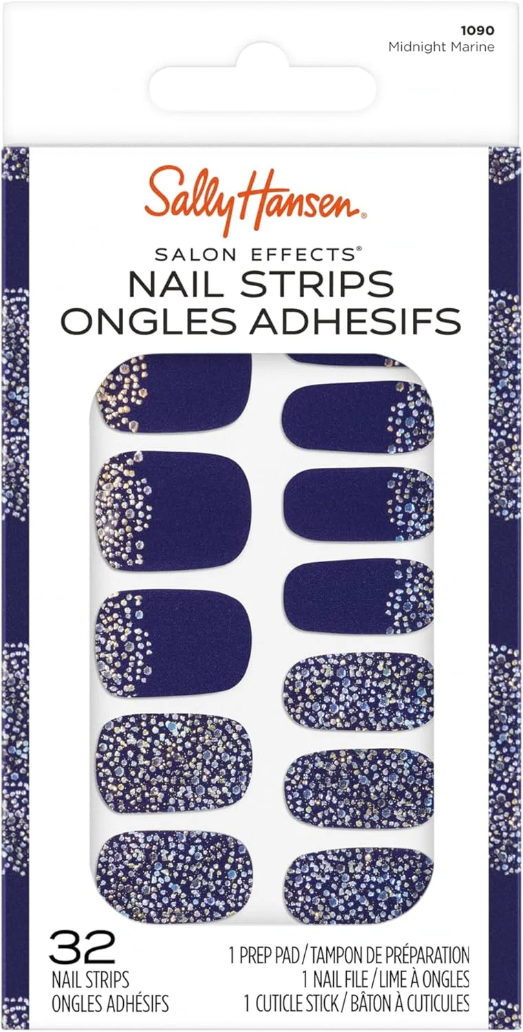 برچسب ناخن ژلی سالن افکتز سالی هانسن، Midnight Marine - آبی، طرح دار، بدون نیاز به لامپ UV/LED، کیفیت سالنی، ماندگاری طولانی، استفاده و برداشتن آسان - شامل 1 پد آماده سازی، سوهان ناخن و چوب