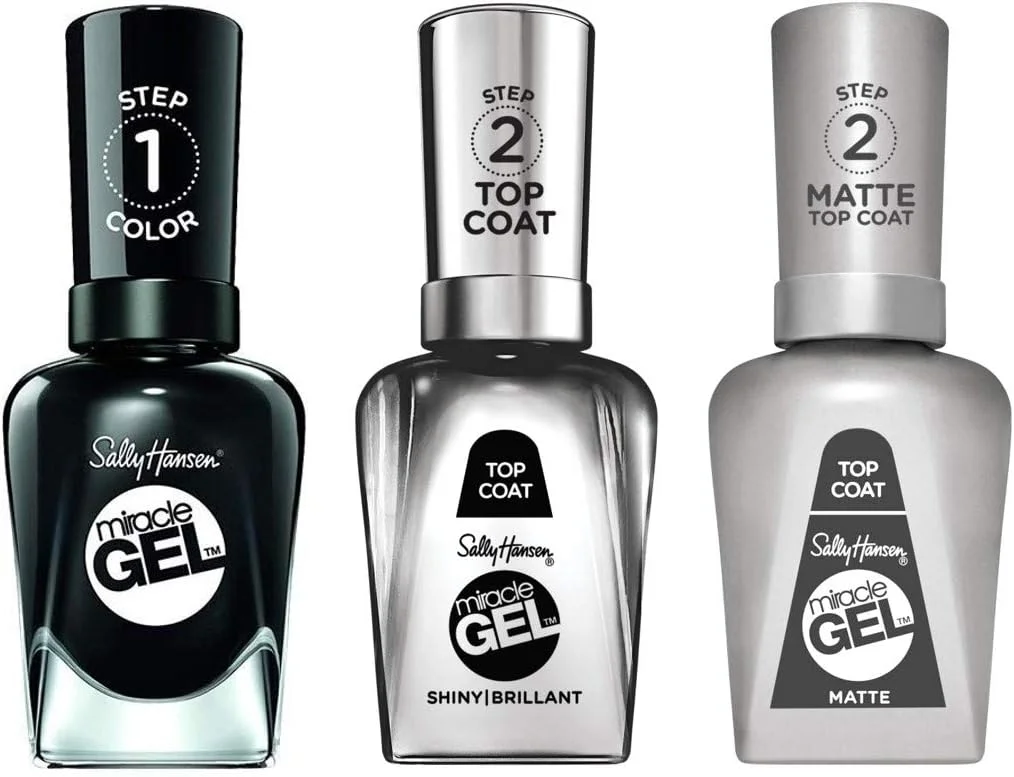 لاک ژل ناخن سالی هانسن Miracle Gel، رنگ Onyx-pected شماره 849 به همراه تاپ کت براق و تاپ کت مات سه تایی