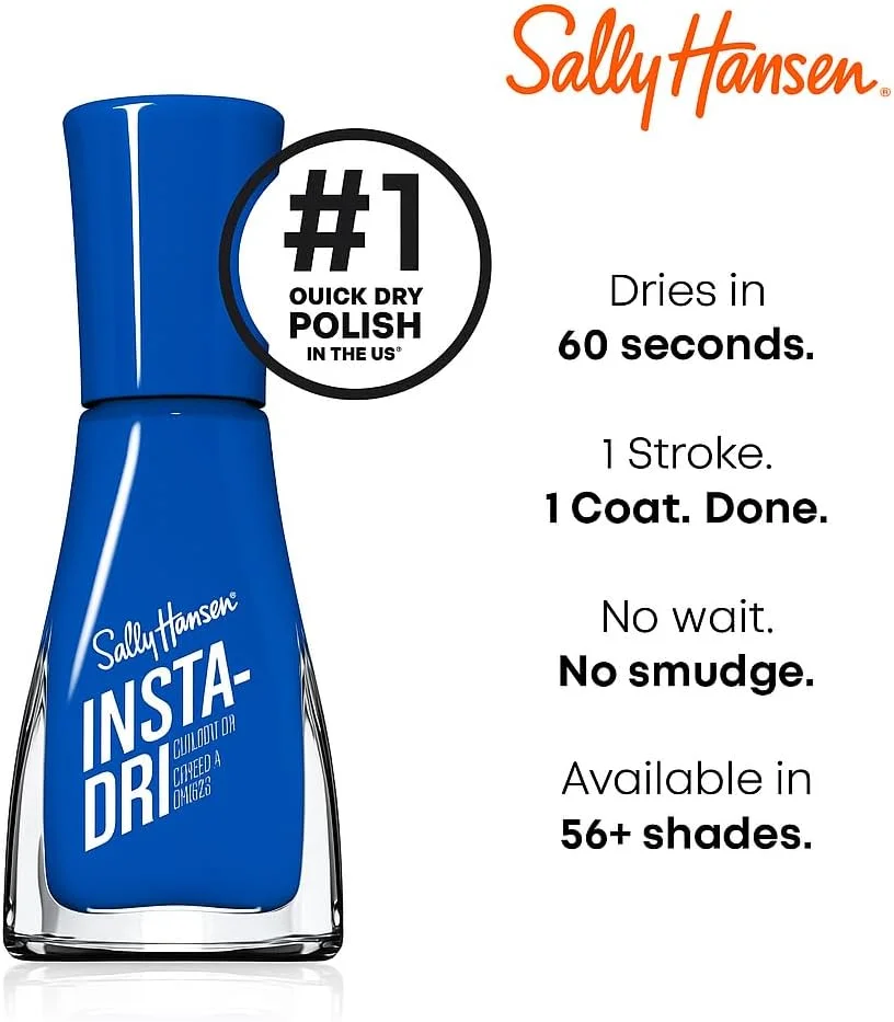 لاک ناخن سریع خشک شو Sally Hansen Insta-Dri، رنگ Time to Indi-go، ماندگاری طولانی، پوشش کامل، آبی براق