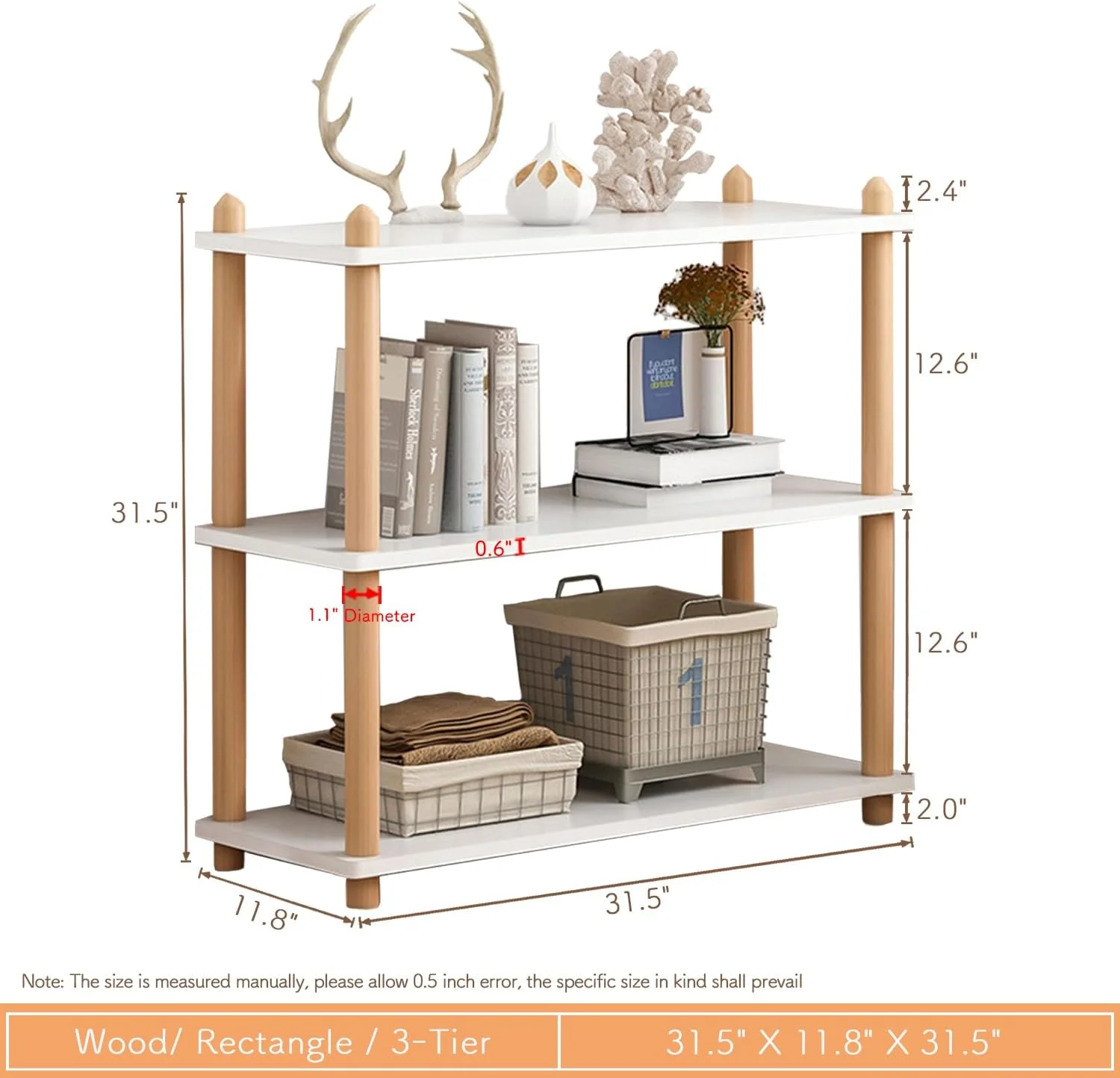 قفسه کتاب چوبی 3 طبقه IOTXY - قفسه کتاب مدرن باز، قفسه ذخیره سازی مستقل، استند نمایش چند منظوره برای خانه و دفتر، مستطیل