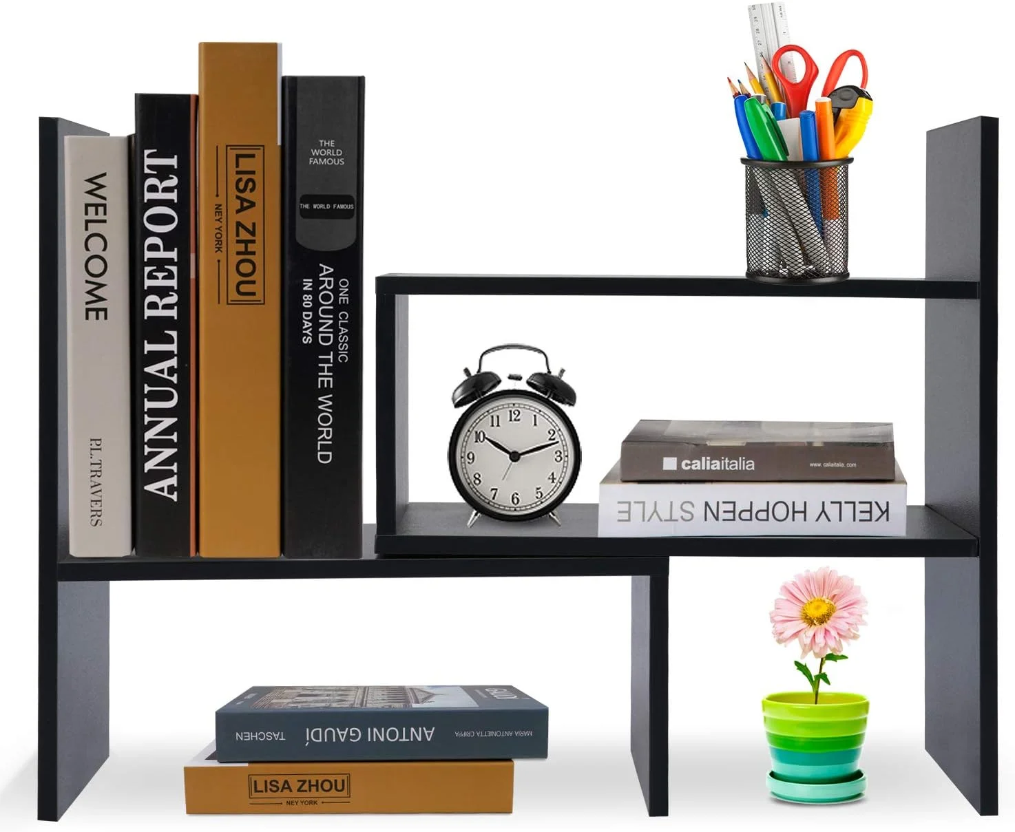 قفسه رومیزی چوبی قابل تنظیم Hossejoy Wooden-Life، قفسه نمایشگر سازمان دهنده لوازم اداری، مشکی