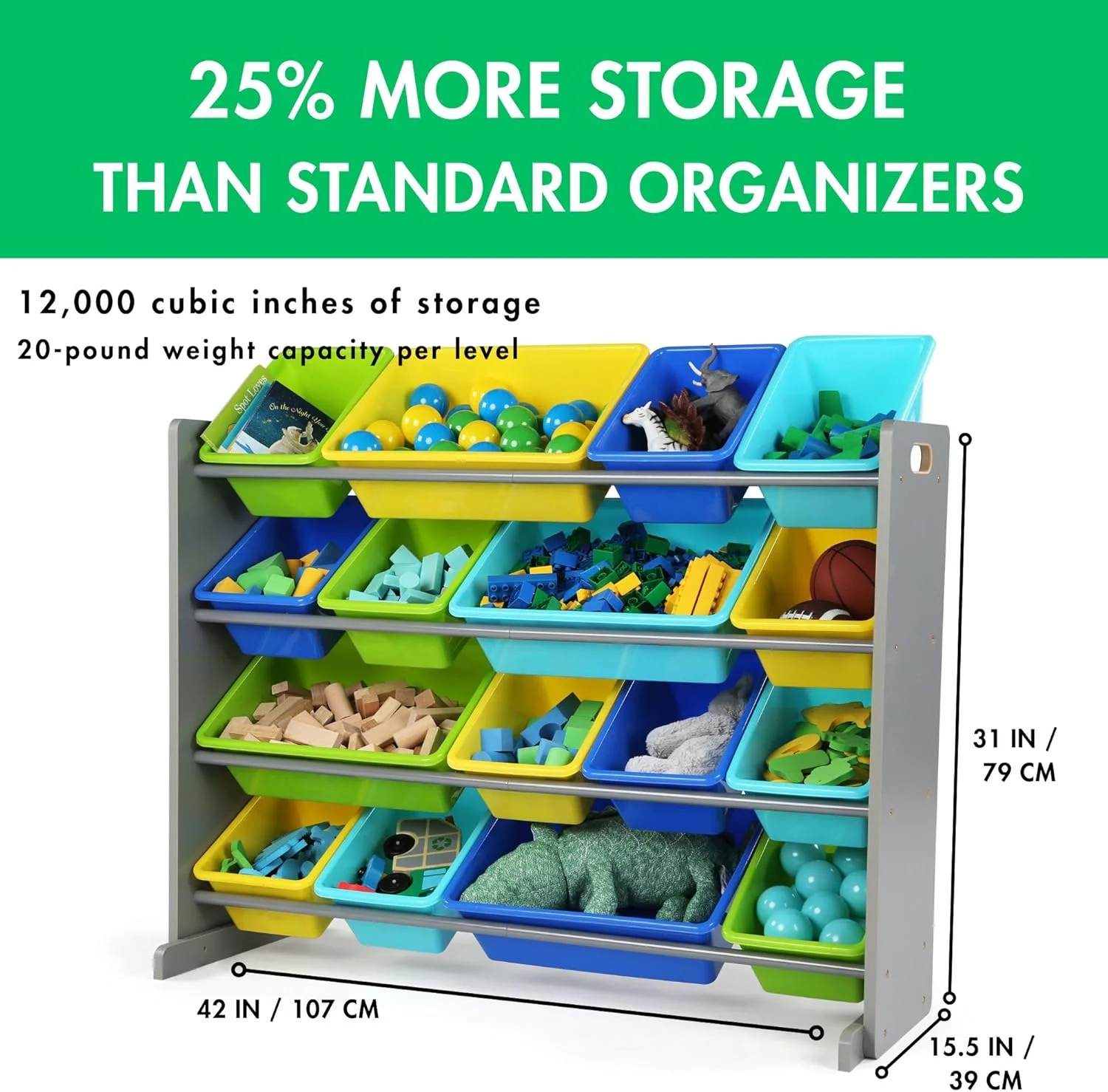 قفسه اسباب بازی کودک Humble Crew با ۱۶ جعبه ذخیره سازی، خاکستری/آبی/سبز/زرد، 39.37 x 106.68 x 76.2 سانتی متر قفسه اسباب بازی کودک Humble Crew با ۱۶ جعبه ذخیره سازی، خاکستری/آبی/سبز/زرد، 39.37 x 106.68 x 76.2 سانتی متر