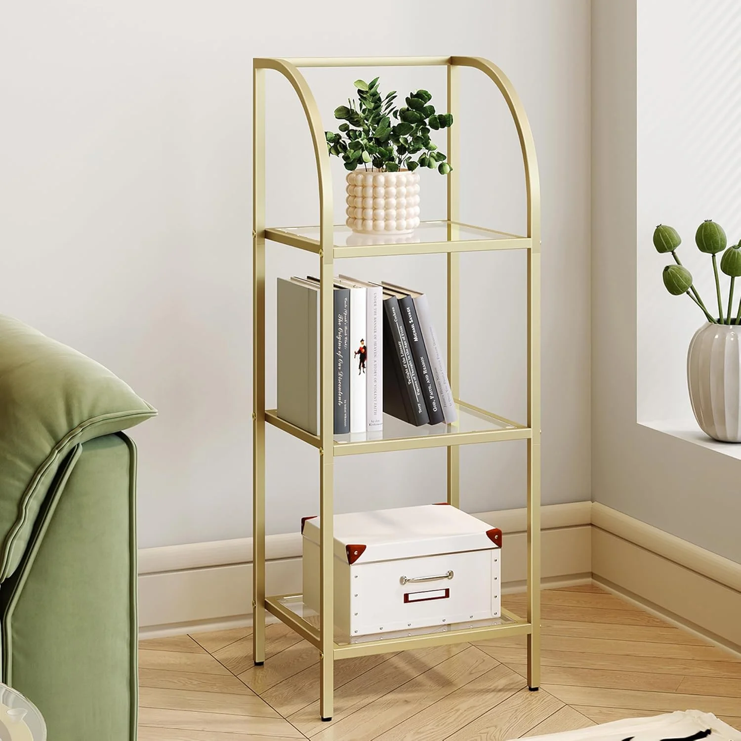 قفسه کتاب هژوانری، قفسه کتاب کمانی شیشه ای سکوریت برای فضای ذخیره سازی بیشتر، واحد قفسه بندی باریک برای اتاق خواب، حمام، دفتر کار خانگی، قاب فولادی، 3 طبقه طلایی BC20399G