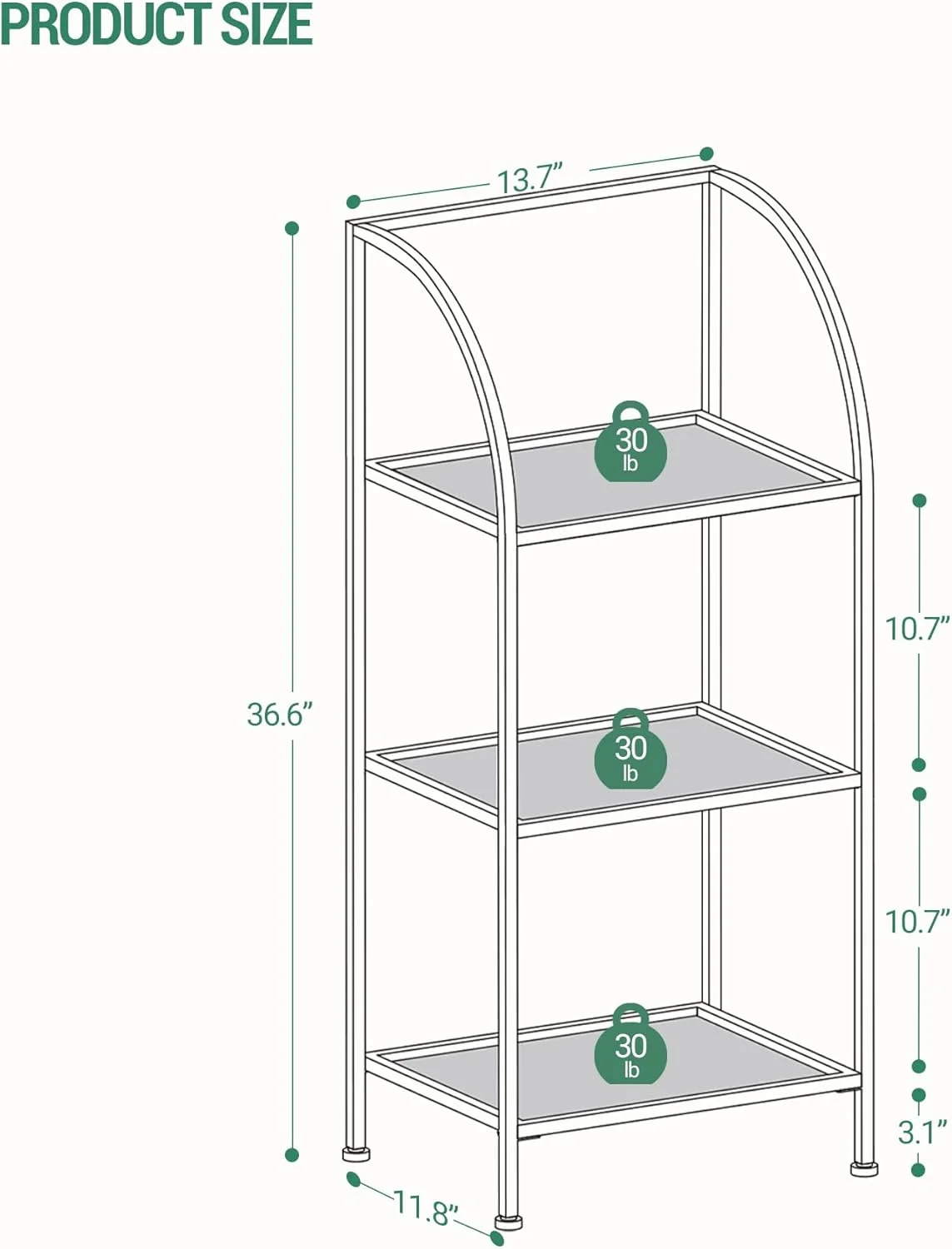 قفسه کتاب هژوانری، قفسه کتاب کمانی شیشه ای سکوریت برای فضای ذخیره سازی بیشتر، واحد قفسه بندی باریک برای اتاق خواب، حمام، دفتر کار خانگی، قاب فولادی، 3 طبقه طلایی BC20399G